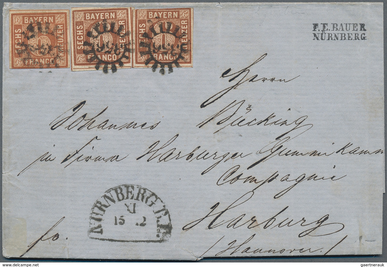 Bayern - Marken Und Briefe: 1850, 3 Ex. 6 Kreuzer Braun In Zwei Farbnuancen Je Gestempelt Mit GMR "3 - Other & Unclassified