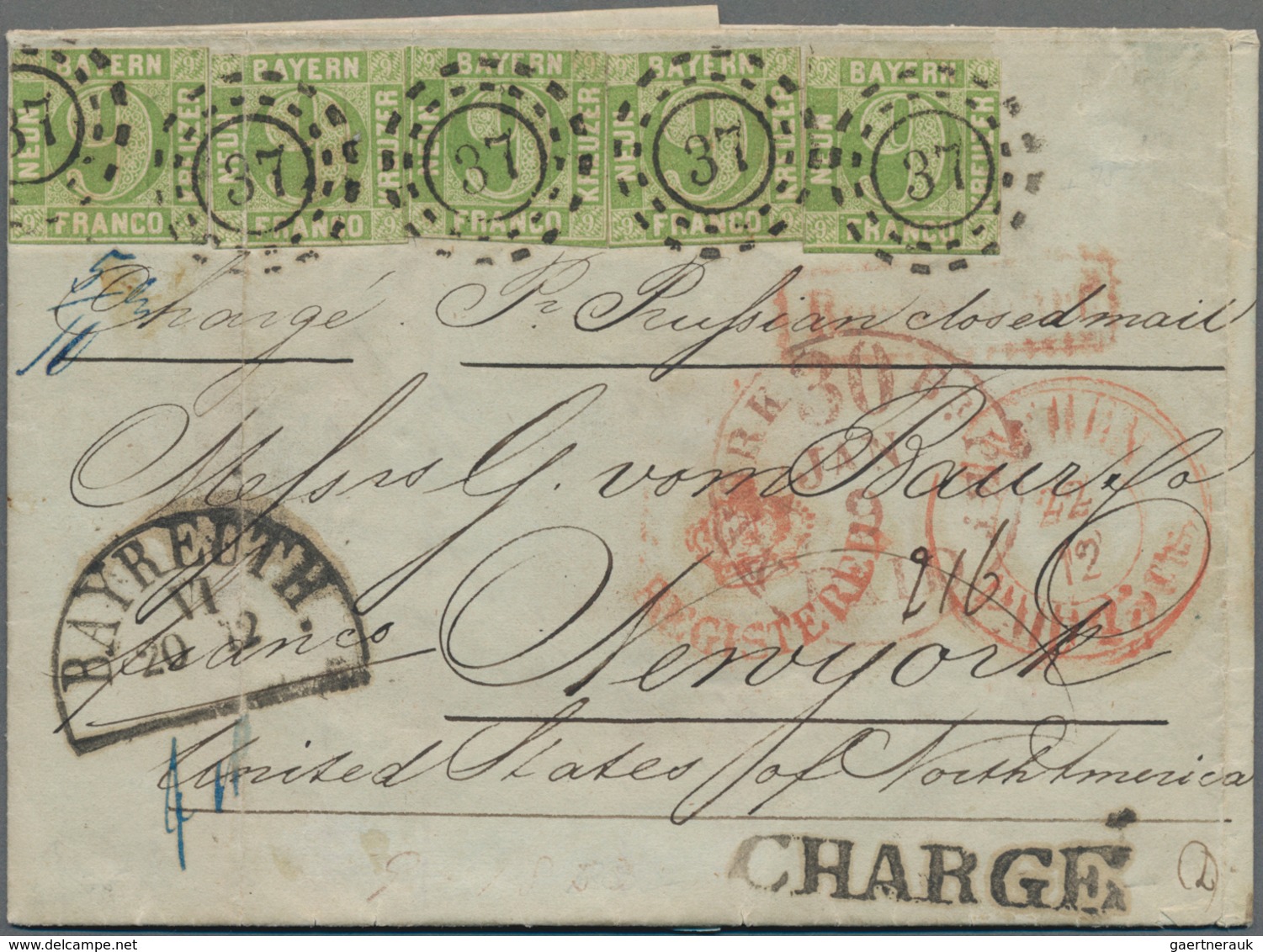 Bayern - Marken Und Briefe: 1859, Kompletter Chargé-Faltbrief Von Bayreuth Nach New York 'Pr. Prussi - Sonstige & Ohne Zuordnung