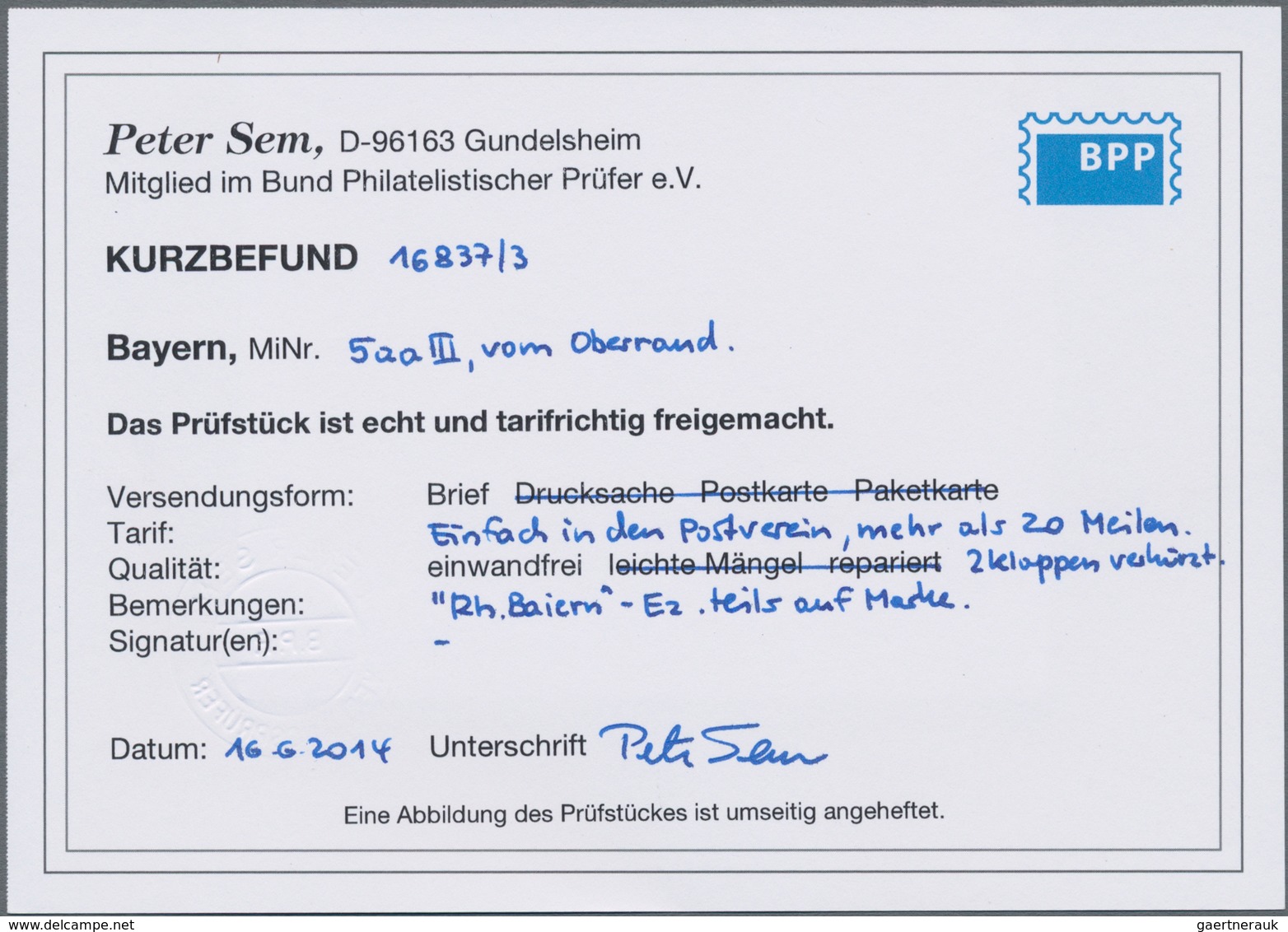 Bayern - Marken Und Briefe: 1850, 9 Kreuzer In Der Guten Farbe Mattblaugrün Allseits Breitrandig Auf - Sonstige & Ohne Zuordnung