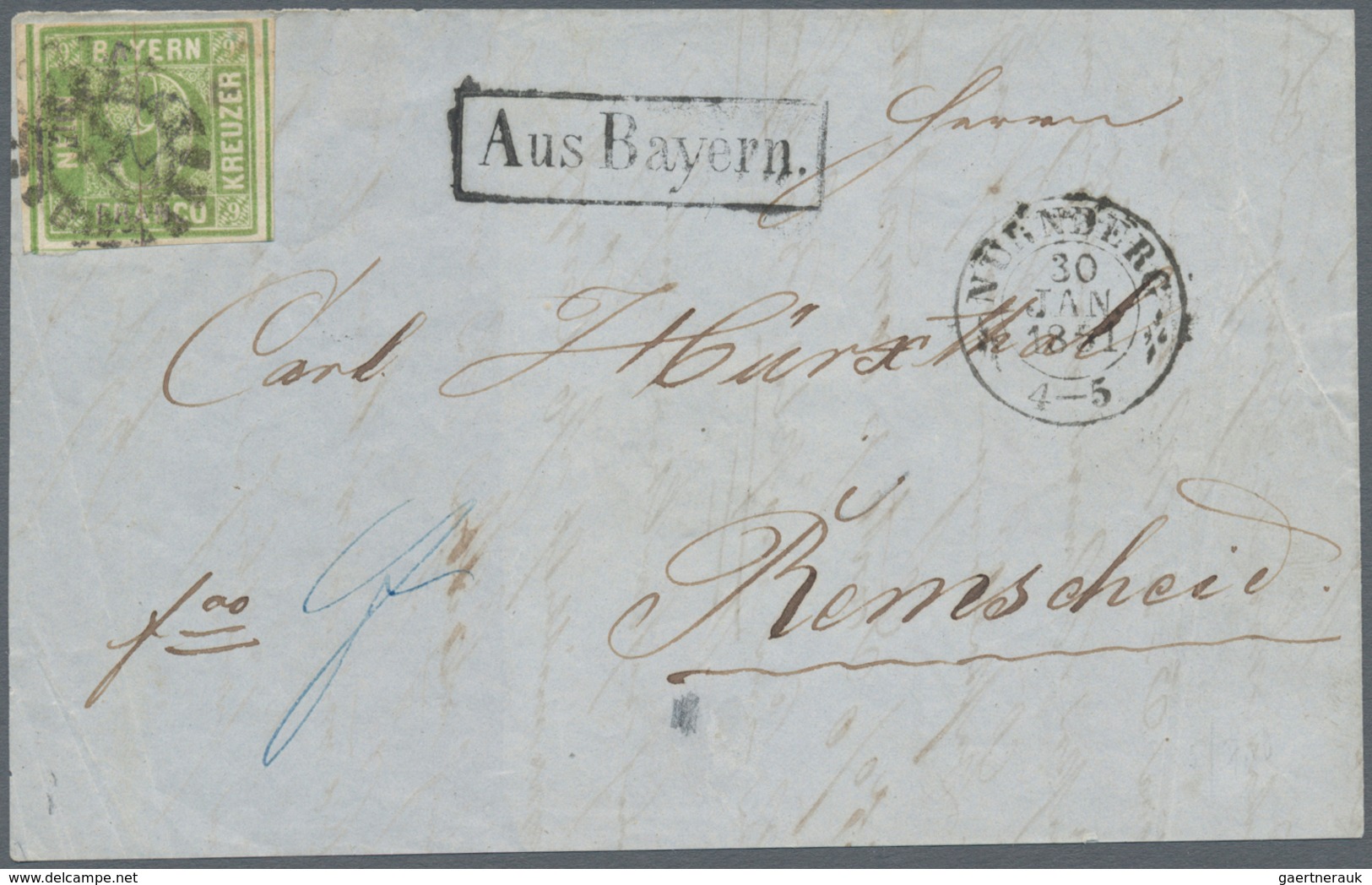 Bayern - Marken Und Briefe: 1850, Quadratmarke 9 Kr. Gelbgrün Auf Briefteil Mit Ra1 "Aus Bayern" Nac - Other & Unclassified