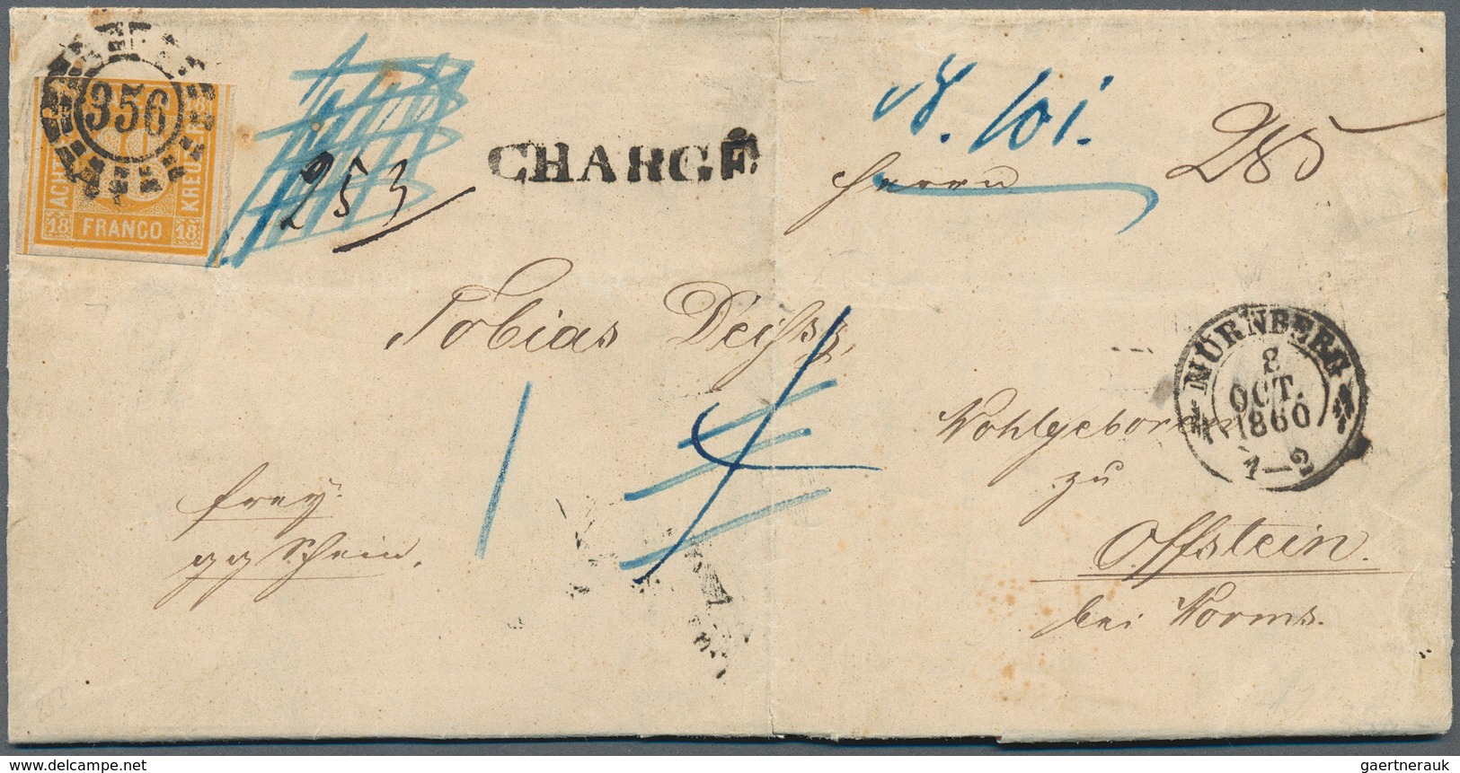 Bayern - Marken Und Briefe: 1860, 18 Kreuzer Gelblichorange (oben Etwas Berührt) Mit Klarem OMR "356 - Autres & Non Classés