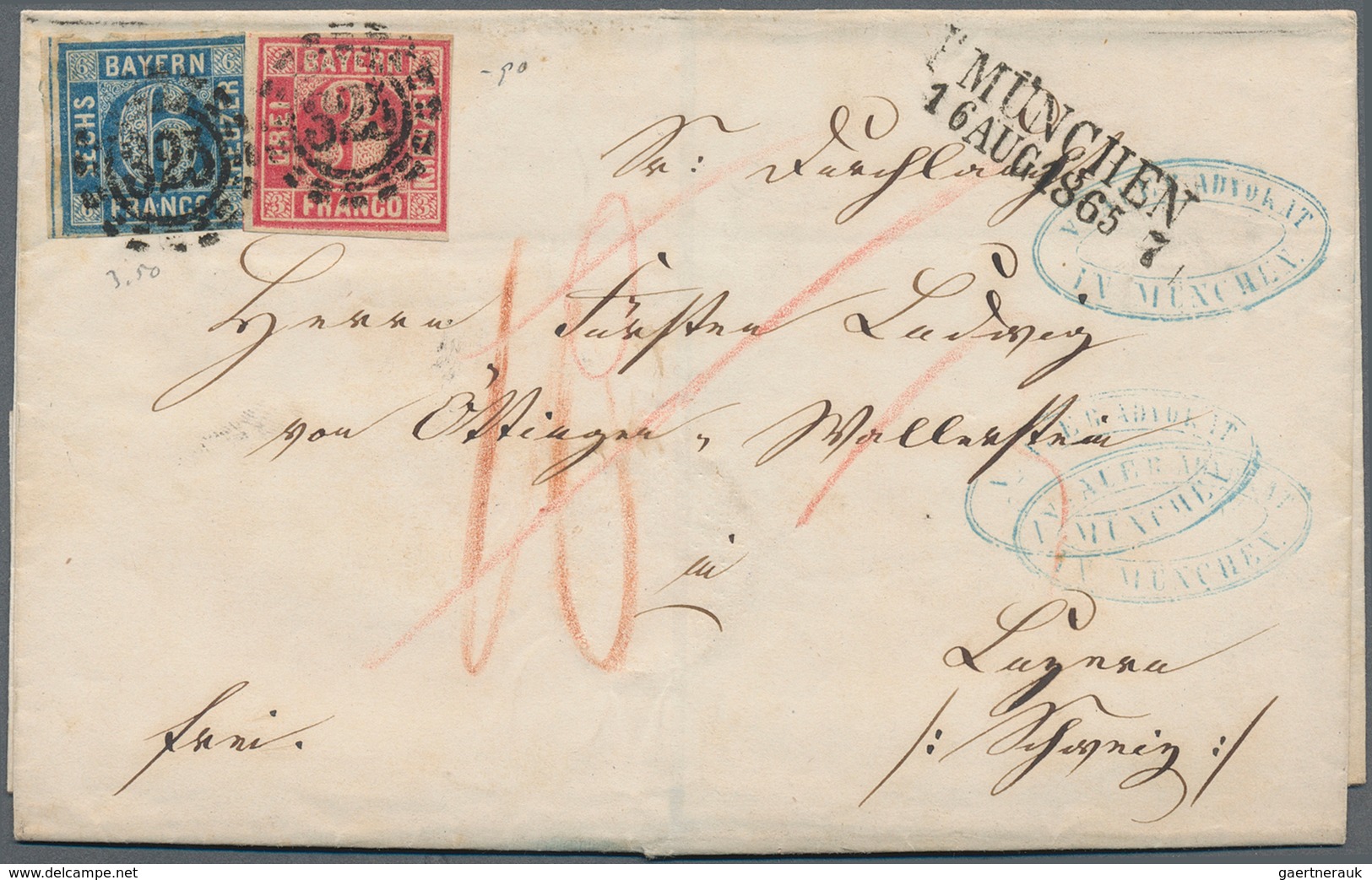 Bayern - Marken Und Briefe: 1865/1867, 3 Kr Rosarot Und 6 Kr Blau MiF Entwertet Mit OMR "325" Und L2 - Other & Unclassified