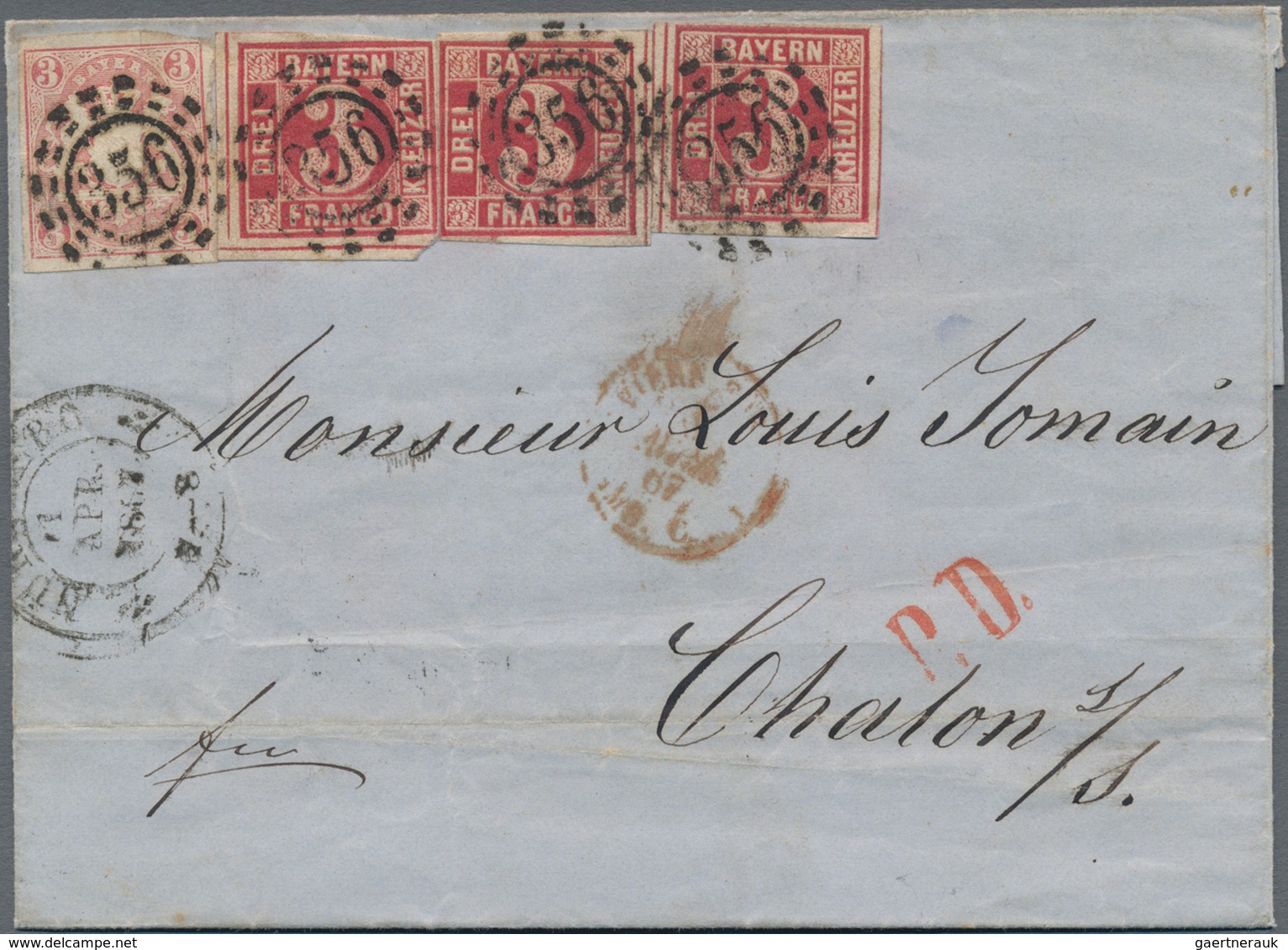 Bayern - Marken Und Briefe: 1862/1867, 3 X 3 Kr Karmin "Quadratausgabe" Zusammen Mit 3 Kr Karminrosa - Other & Unclassified