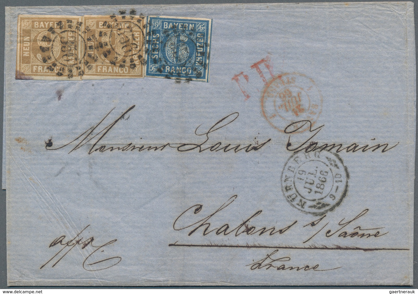 Bayern - Marken Und Briefe: 1866, 6 Kr Blau Und 2 X 9 Kr Ockerbraun, Alle Marken Voll- Bis Breitrand - Autres & Non Classés