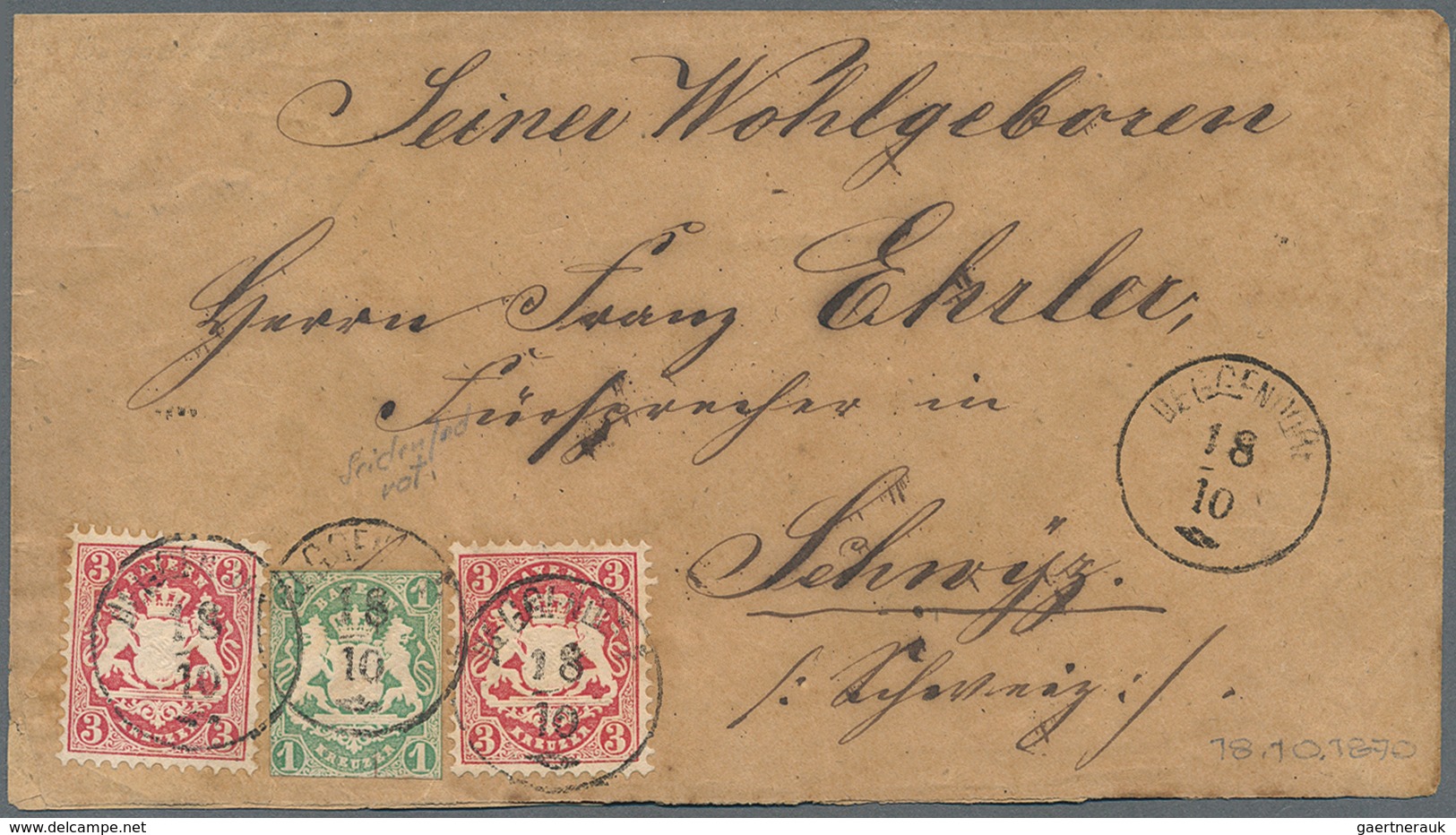 Bayern - Marken Und Briefe: 1867/1870, 1 Kr Grün Sogenannter "Zwergenschnitt" Und 2x 3 Kr Lilarot Al - Sonstige & Ohne Zuordnung