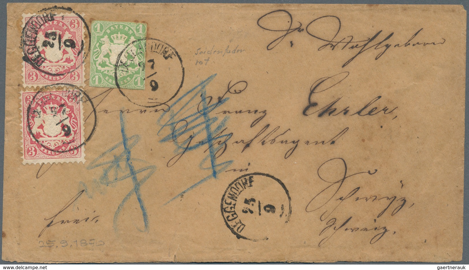 Bayern - Marken Und Briefe: 1867/1870, 1 Kr Grün Sogenannter "Zwergenschnitt" Und 2x 3 Kr Lilarot Al - Autres & Non Classés