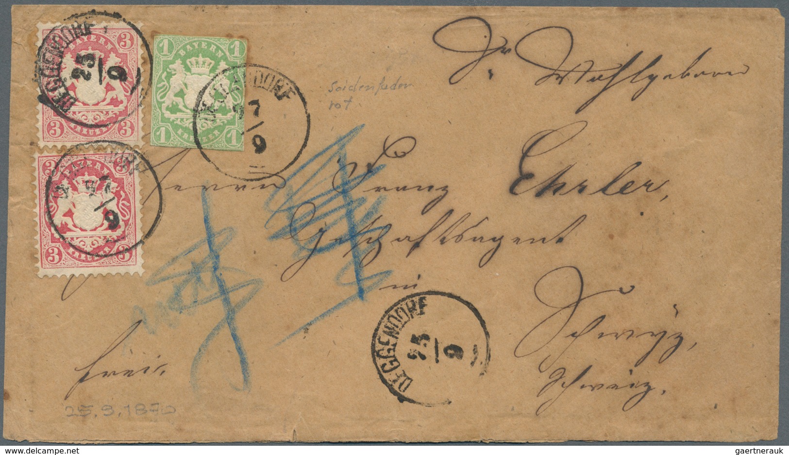 Bayern - Marken Und Briefe: 1867/1870, 1 Kr Grün Sogenannter "Zwergenschnitt" Und 2x 3 Kr Lilarot Al - Sonstige & Ohne Zuordnung