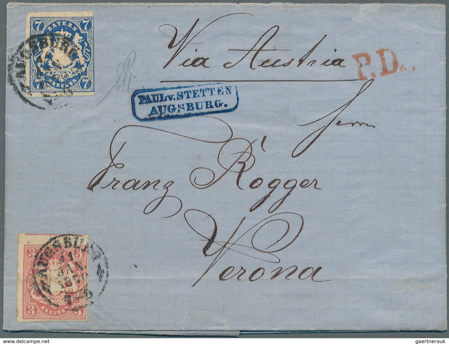 Bayern - Marken Und Briefe: 1868, 7 Kr. Preussischblau (rechts Berührt), Mit 3 Kr. Rot (waagerechter - Autres & Non Classés