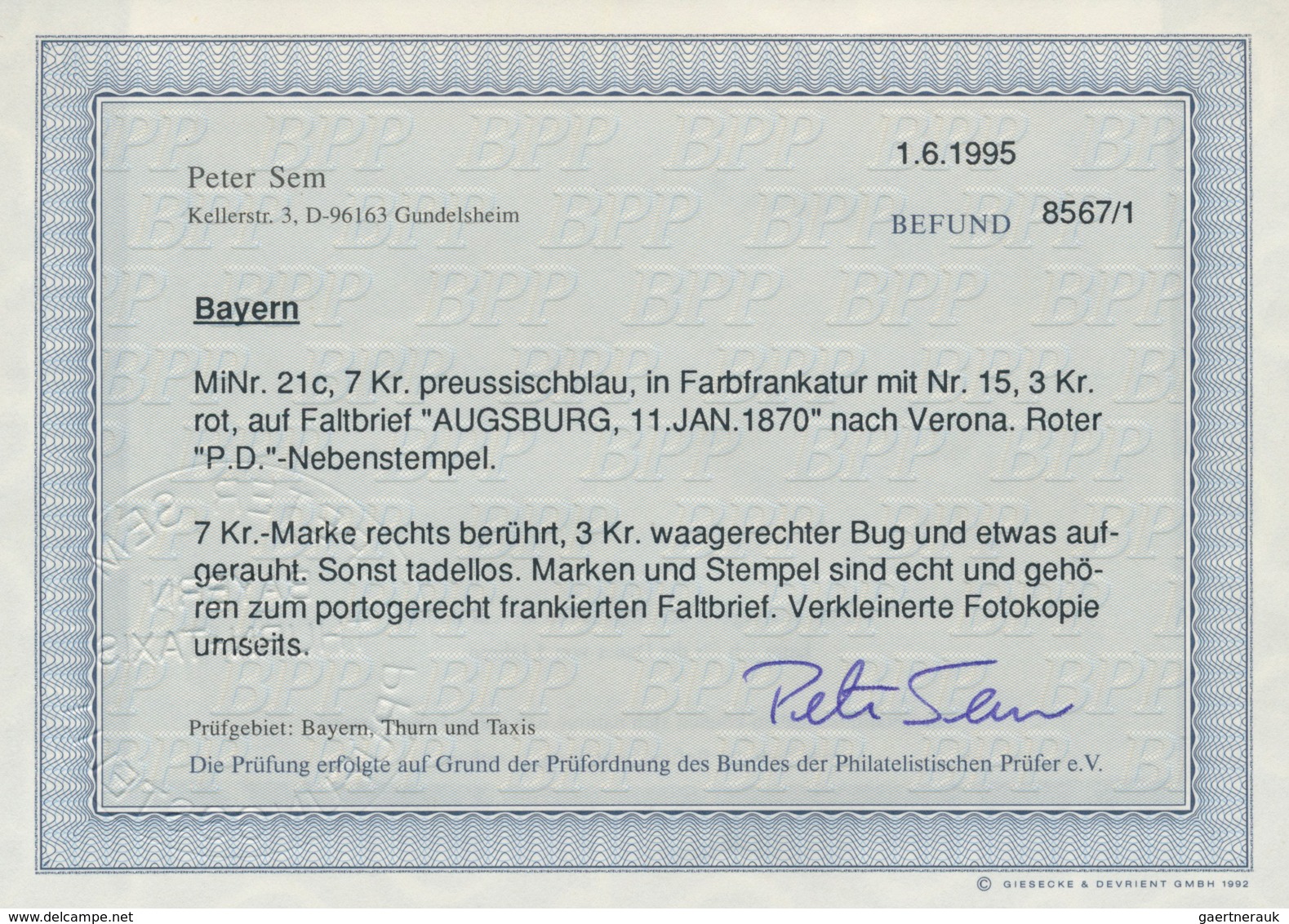 Bayern - Marken Und Briefe: 1868, 7 Kr. Preussischblau (rechts Berührt), Mit 3 Kr. Rot (waagerechter - Sonstige & Ohne Zuordnung
