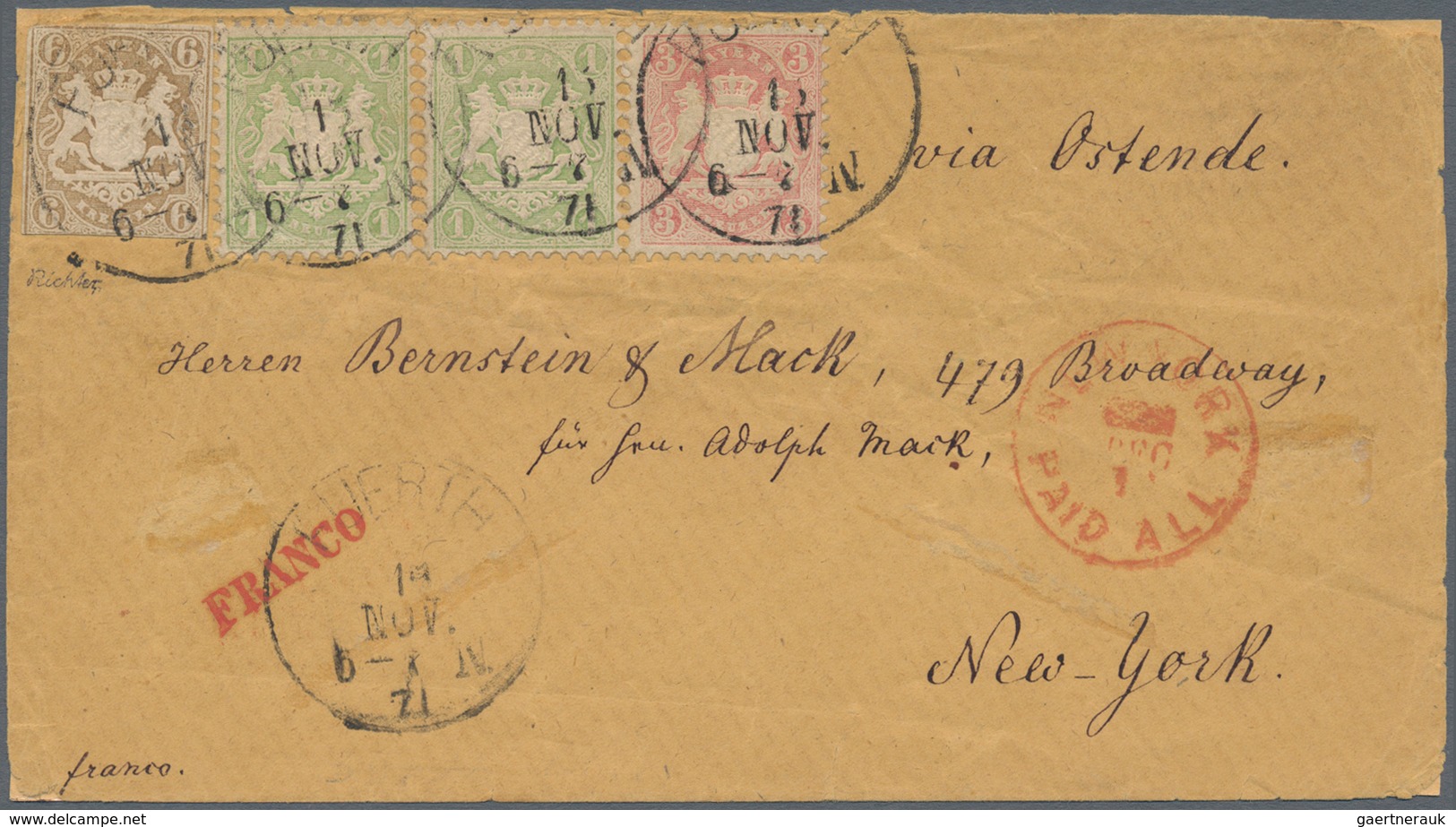 Bayern - Marken Und Briefe: 1868, Wappen 6 Kr Braun Geschnitten Und 3x 1 Kr. Grün Und 3 Kr. Rosa Je - Other & Unclassified