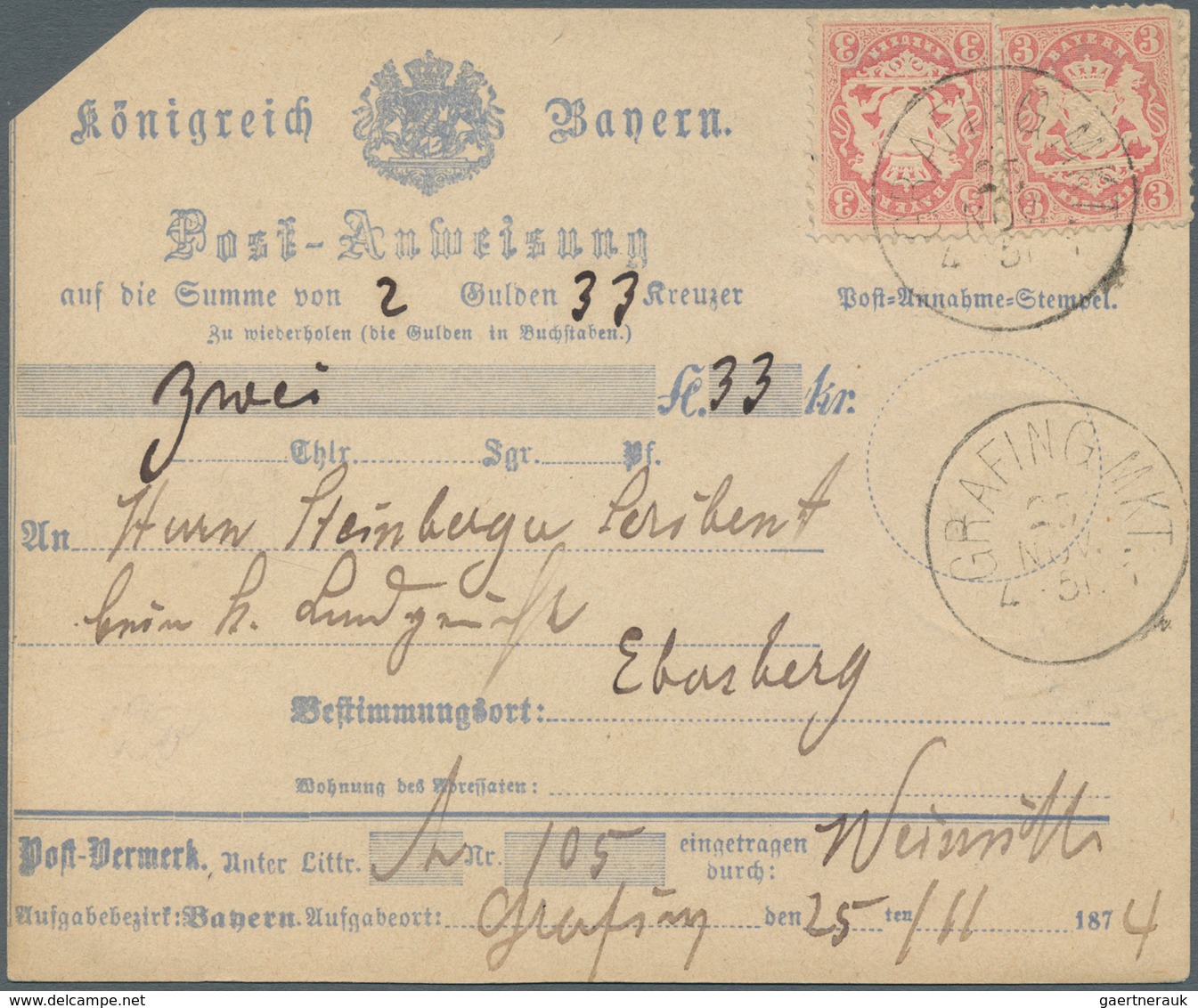 Bayern - Marken Und Briefe: 1870, 2 X 3 Kr Hellkarmin, MeF Auf Postanweisungsformular über 2 Gulden - Other & Unclassified