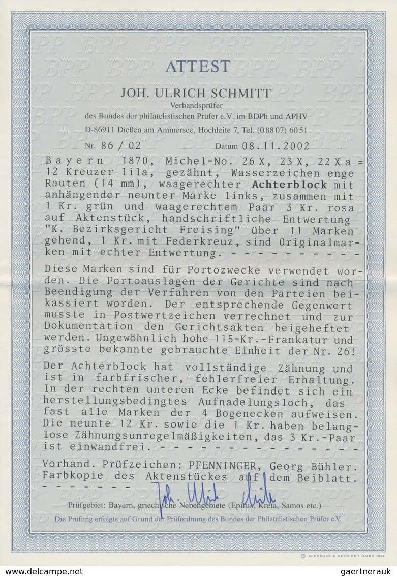 Bayern - Marken Und Briefe: 1870 Wappen 12 Kr. Braunpurpur NEUNER-BLOCK Auf Aktenstück GRÖSSTE BEKAN - Andere & Zonder Classificatie