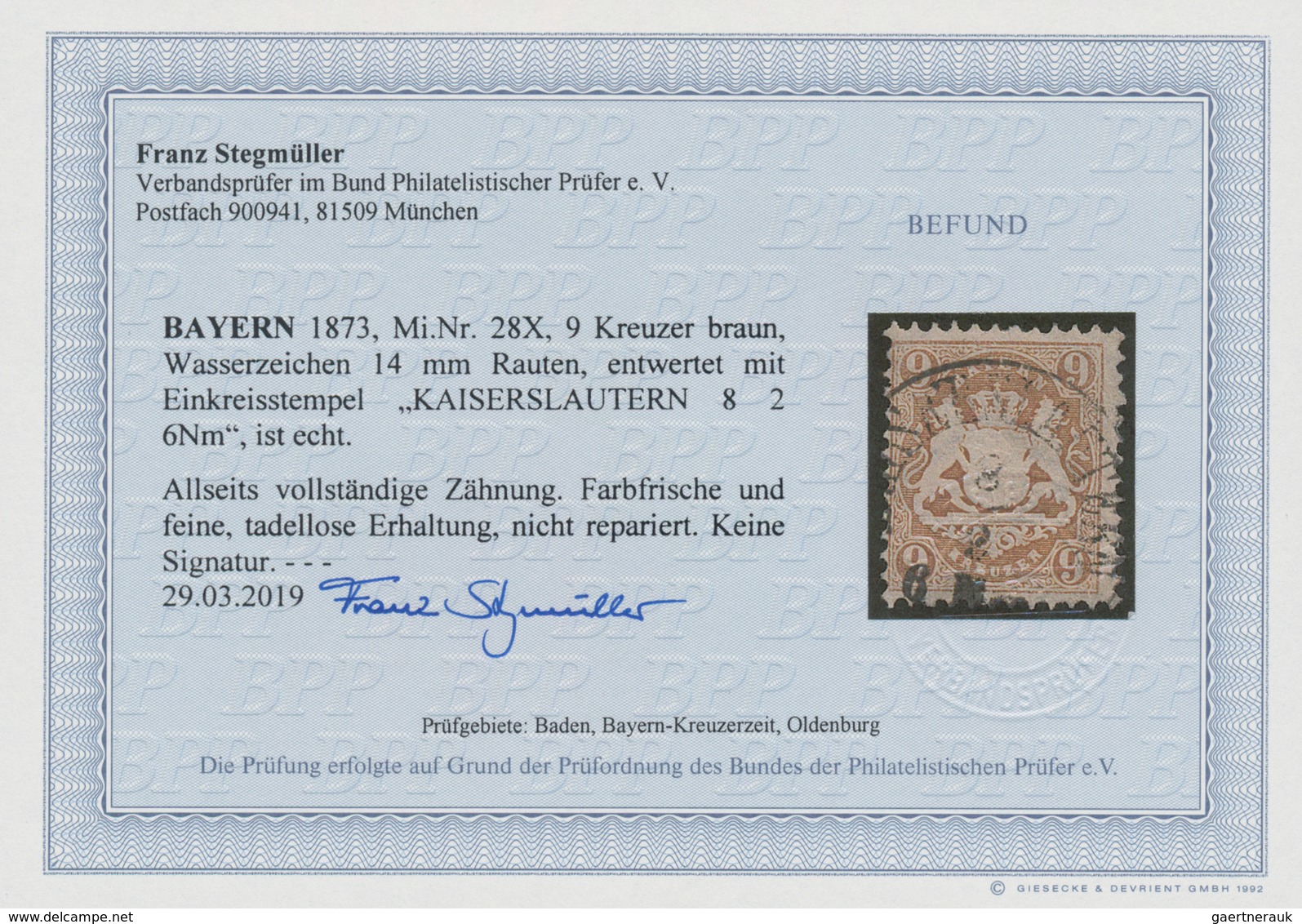 Bayern - Marken Und Briefe: 1873, 9 Kreuzer Braun Entwertet Mit K1 "KAISERSLAUTERN", Allseits Vollzä - Sonstige & Ohne Zuordnung