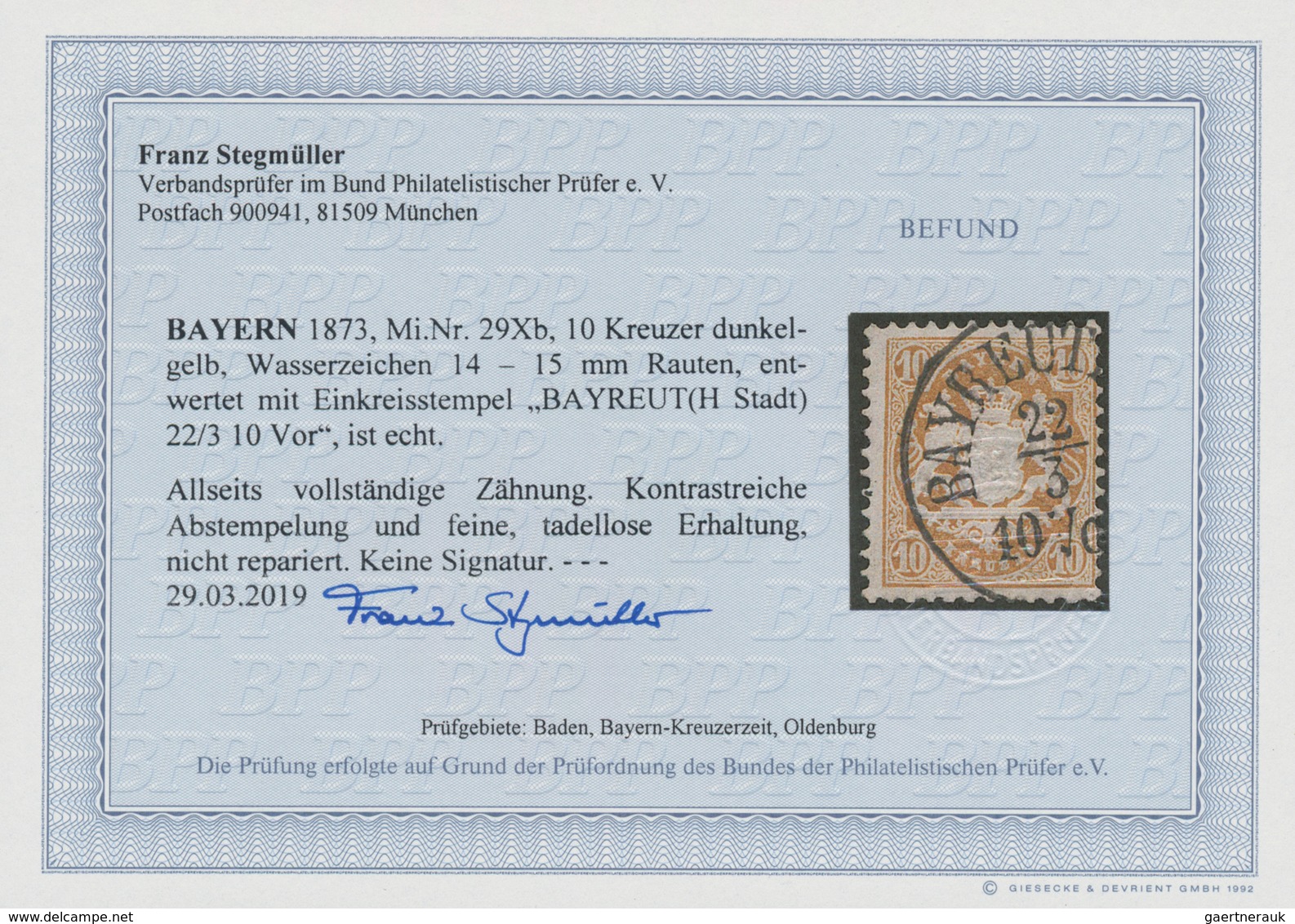 Bayern - Marken Und Briefe: 1873, 10 Kreuzer Dunkelgelb Entwertet Mit K1 "BAYREUT(H Stadt), Allseits - Sonstige & Ohne Zuordnung