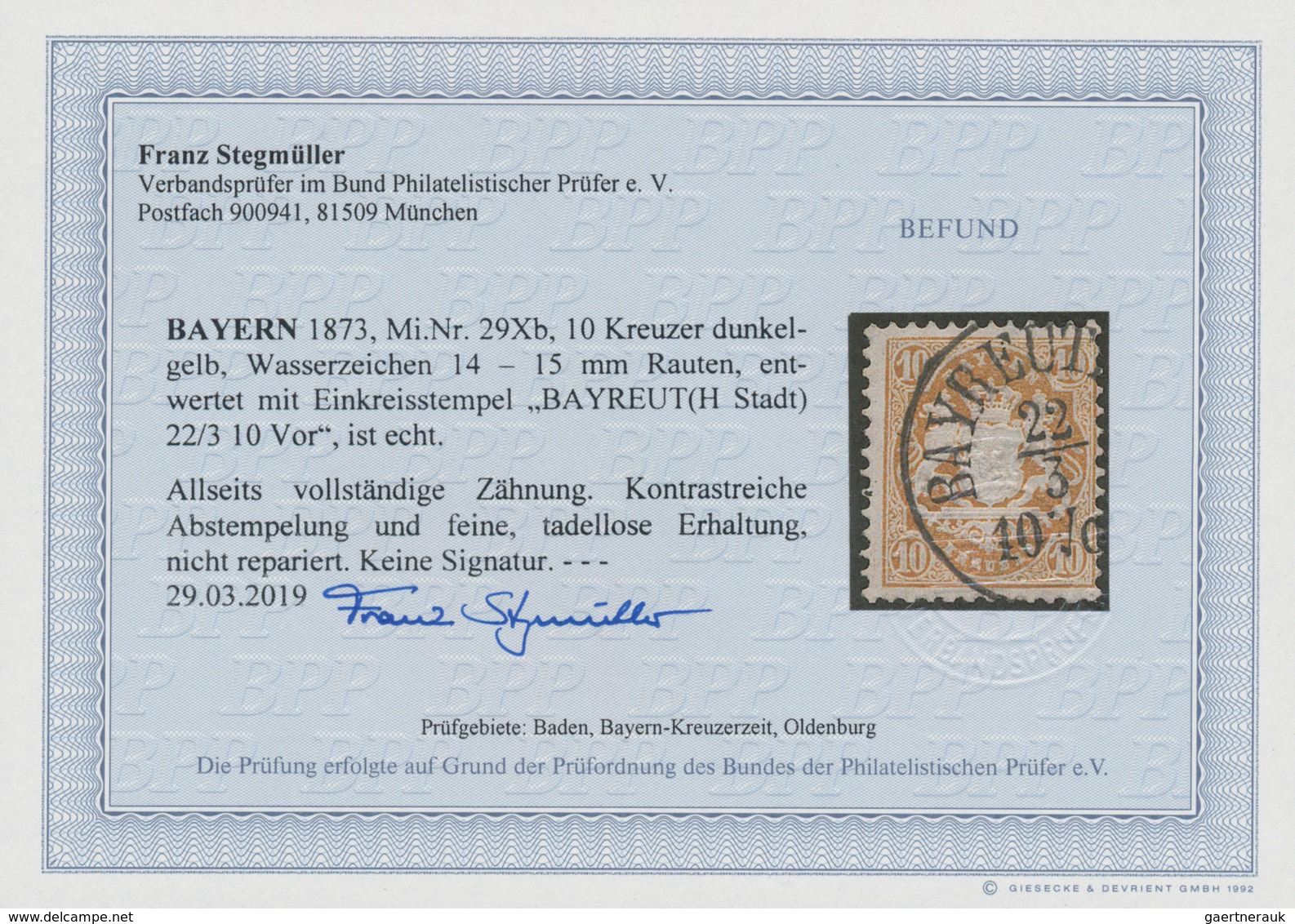 Bayern - Marken Und Briefe: 1873, 10 Kreuzer Dunkelgelb Entwertet Mit K1 "BAYREUT(H Stadt), Allseits - Andere & Zonder Classificatie