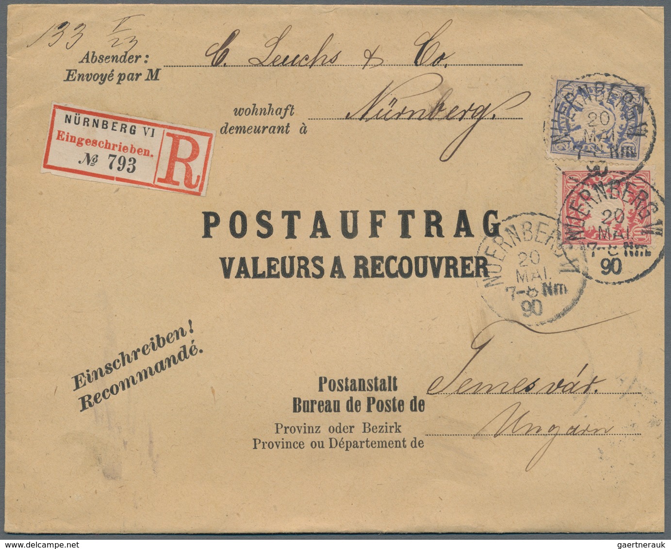 Bayern - Marken Und Briefe: 1890. 20.5., Wappen 10 Pfg. Und 20 Pfg. Auf R-Postauftrag Von Nürnberg N - Andere & Zonder Classificatie