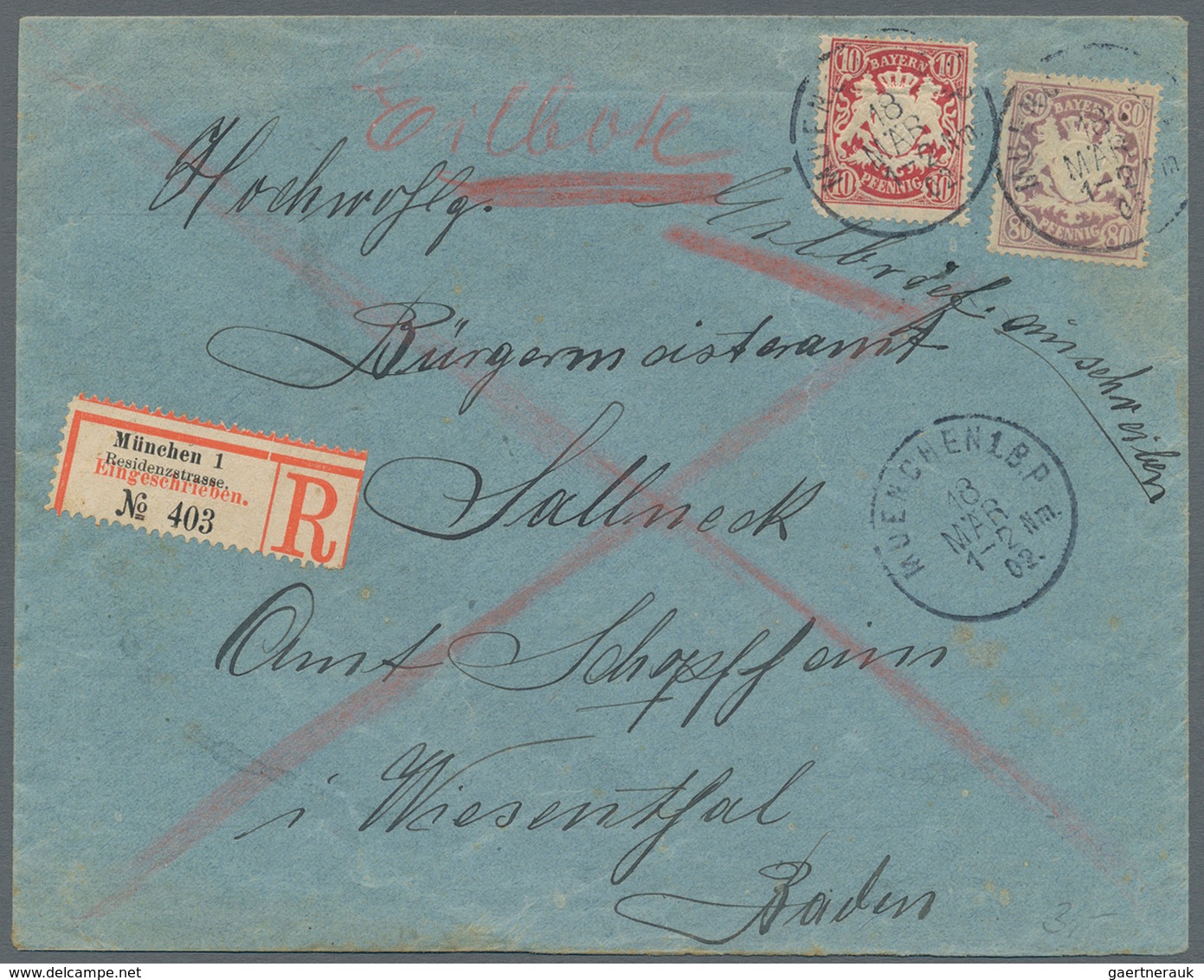 Bayern - Marken Und Briefe: 1902, 80 Und 10 Pfg. Wappen Auf Enorm Selt. Eilboten-R-Brief, Landzustel - Altri & Non Classificati