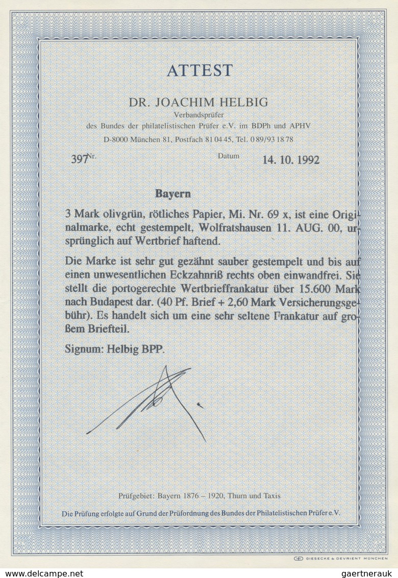 Bayern - Marken Und Briefe: 1900, 3 Mark Braunoliv Auf Rötlichem Papier Einzeln Und Portorichtig Auf - Sonstige & Ohne Zuordnung