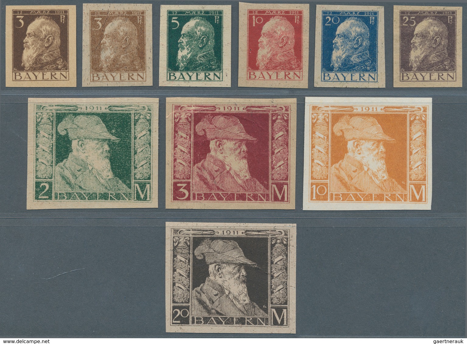 Bayern - Marken Und Briefe: 1911, 10 Ungezähnte Farb-Probedrucke Von 3 Pf. Bis 25 Pf. Und 2 M, 3 M, - Sonstige & Ohne Zuordnung