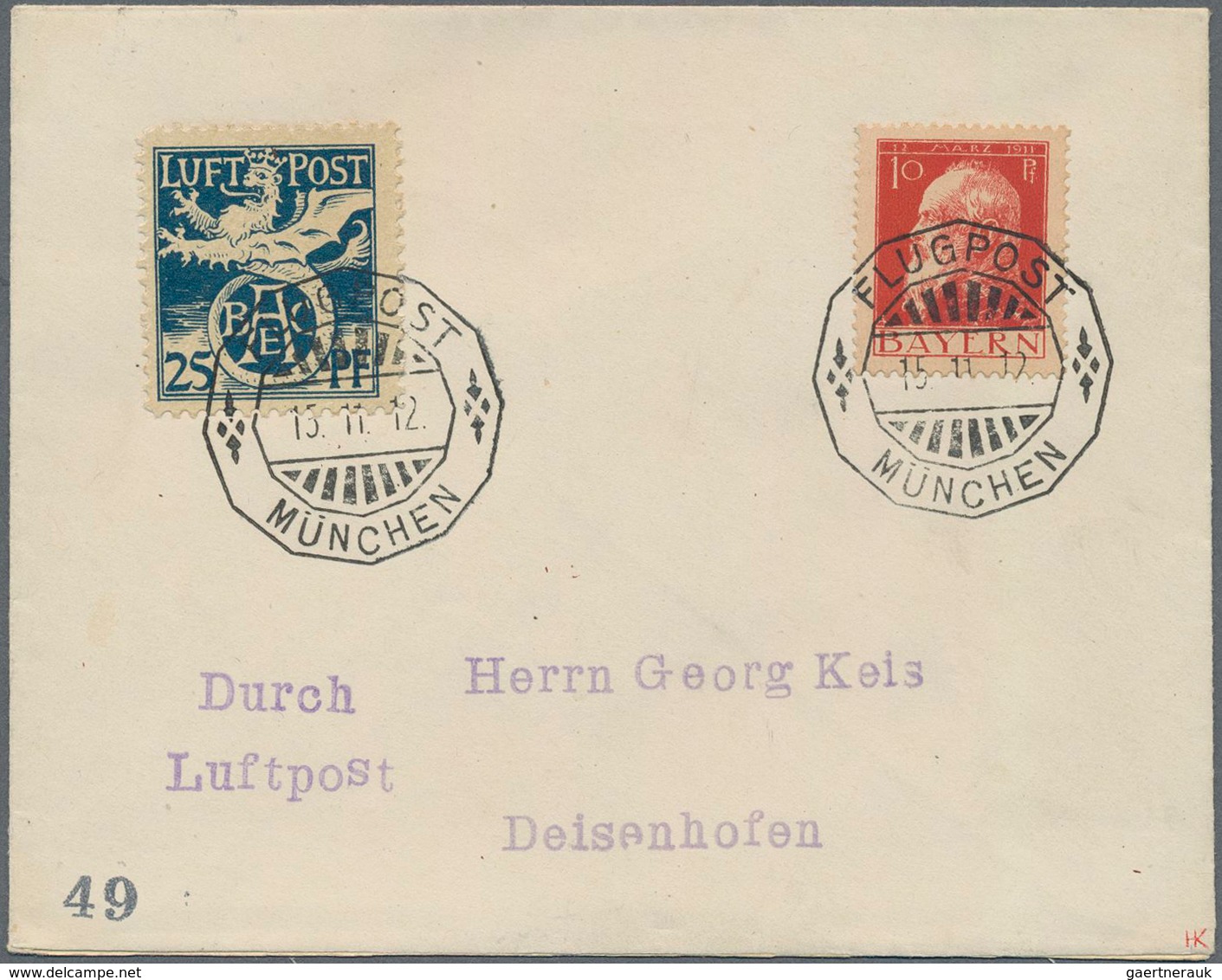 Bayern - Marken Und Briefe: 1912, Halbamtl. FLUGPOST: 25 Pf Dunkelpreußischblau In MiF Mit Luitpold - Sonstige & Ohne Zuordnung