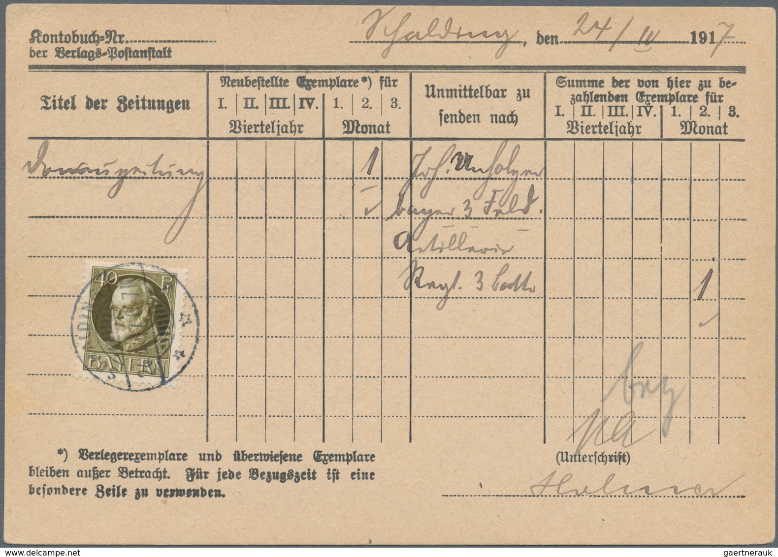 Bayern - Marken Und Briefe: 1917, 40 Pf Ludwig, Einzelfrankatur Rs. Auf Formular "ZEITUNGSBESTELLUNG - Andere & Zonder Classificatie