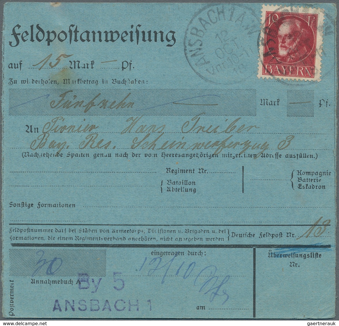 Bayern - Marken Und Briefe: 1916, 10 Pf Karminrot Als EF Entwertet Mit K1 ANSBACH Auf Feldpostanweis - Andere & Zonder Classificatie