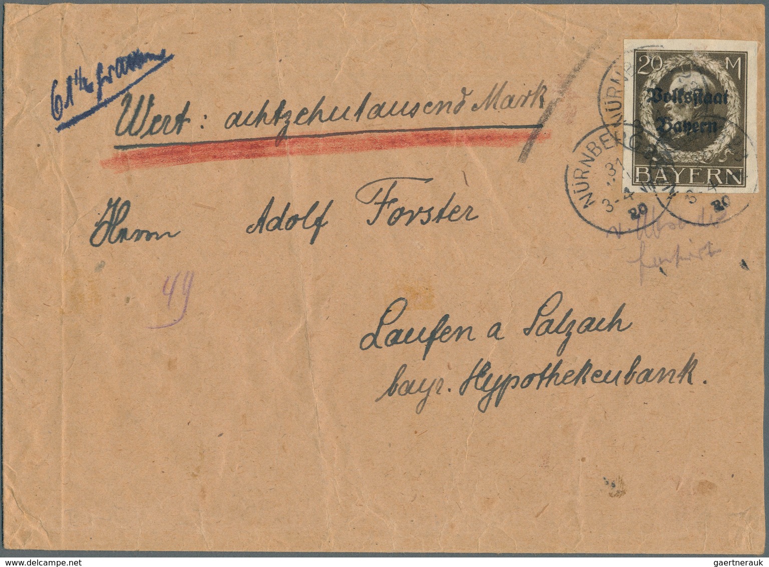 Bayern - Marken Und Briefe: 1920, 20 Mark Ludwig Volksstaat Geschnitten, Breitrandig Einzeln Auf Wer - Andere & Zonder Classificatie