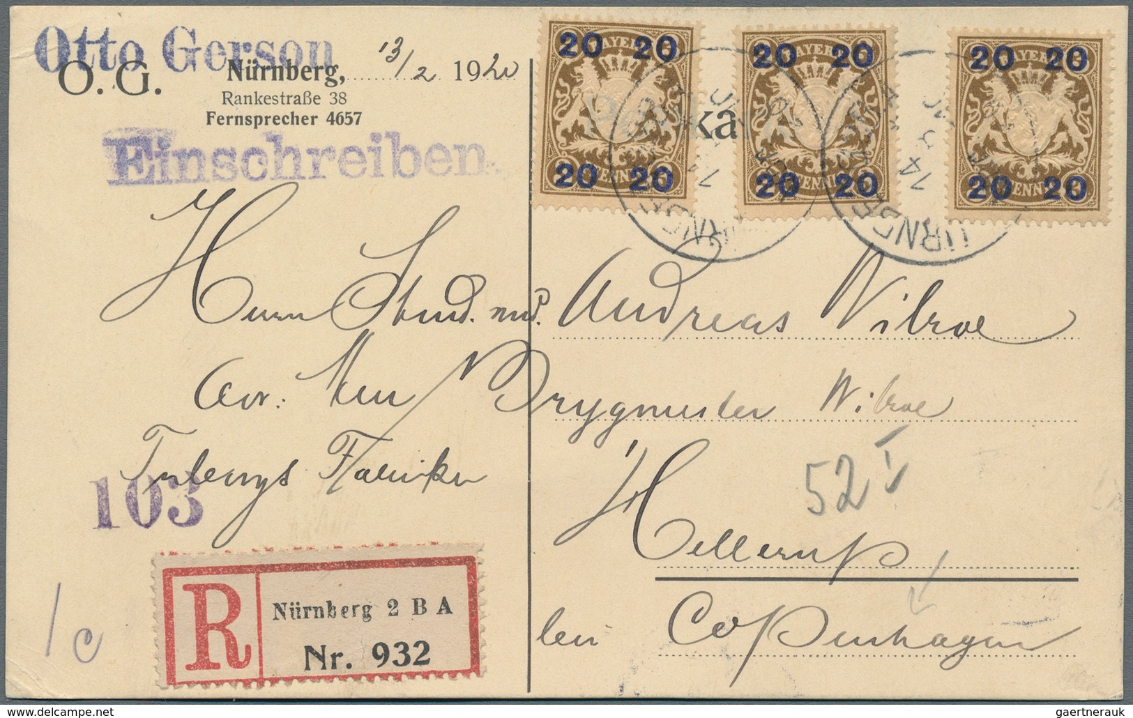Bayern - Marken Und Briefe: 1920, 20 Auf 3 Pf Braun - 3 Stück Als MeF Auf R-Karte Von Nürnberg Nach - Other & Unclassified