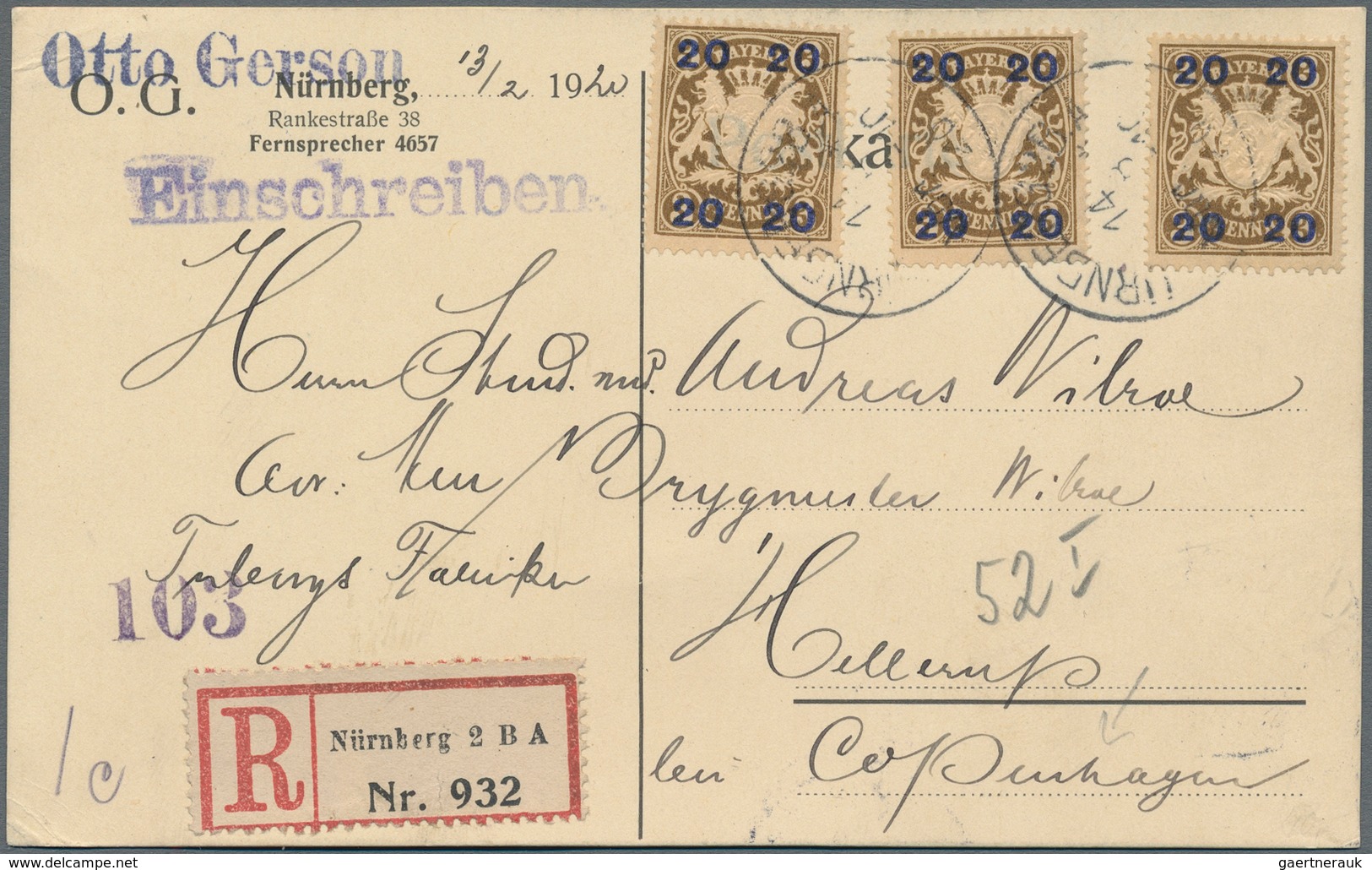 Bayern - Marken Und Briefe: 1920, 20 Auf 3 Pf Braun - 3 Stück Als MeF Auf R-Karte Von Nürnberg Nach - Sonstige & Ohne Zuordnung