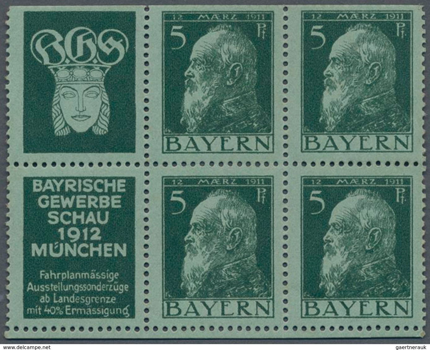 Bayern - Zusammendrucke: 1911/1912, 5 Pf Grün Luitpold Als Heftchen-Blatt Postfrisch, Mi Für * 400.- - Autres & Non Classés