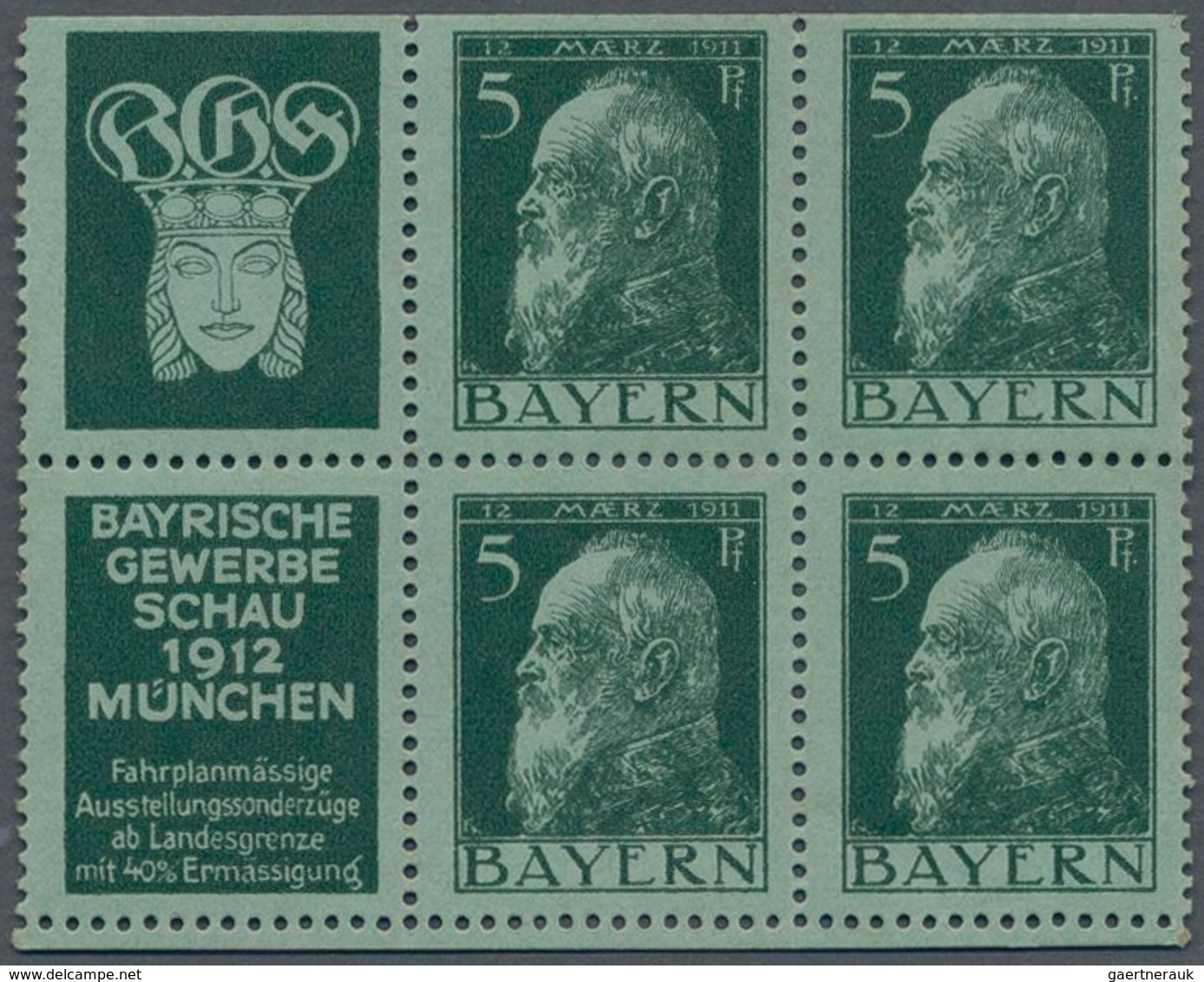 Bayern - Zusammendrucke: 1911/1912, 5 Pf Grün Luitpold Als Heftchen-Blatt Postfrisch, Mi Für * 400.- - Andere & Zonder Classificatie