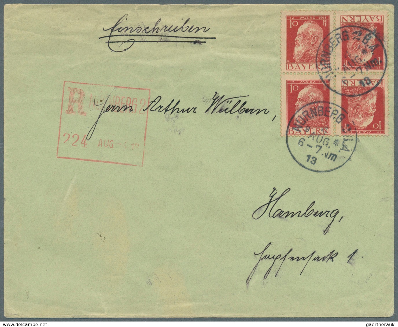 Bayern - Zusammendrucke: 1913, 10 Pf Kopfstehender Zusammendruck Im 4er-Block Auf Brief Mit EINSCHRE - Sonstige & Ohne Zuordnung