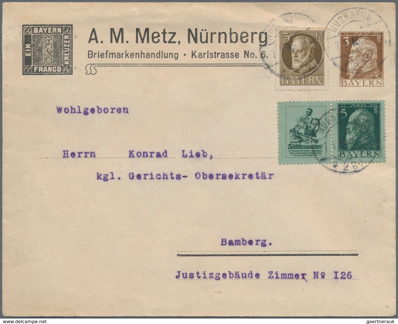 Bayern - Zusammendrucke: 1915, Stiftskarawatten+5 Pfg. Als Zusatzfrankatur Nebst 3 Pfg. Ludwig Auf P - Andere & Zonder Classificatie