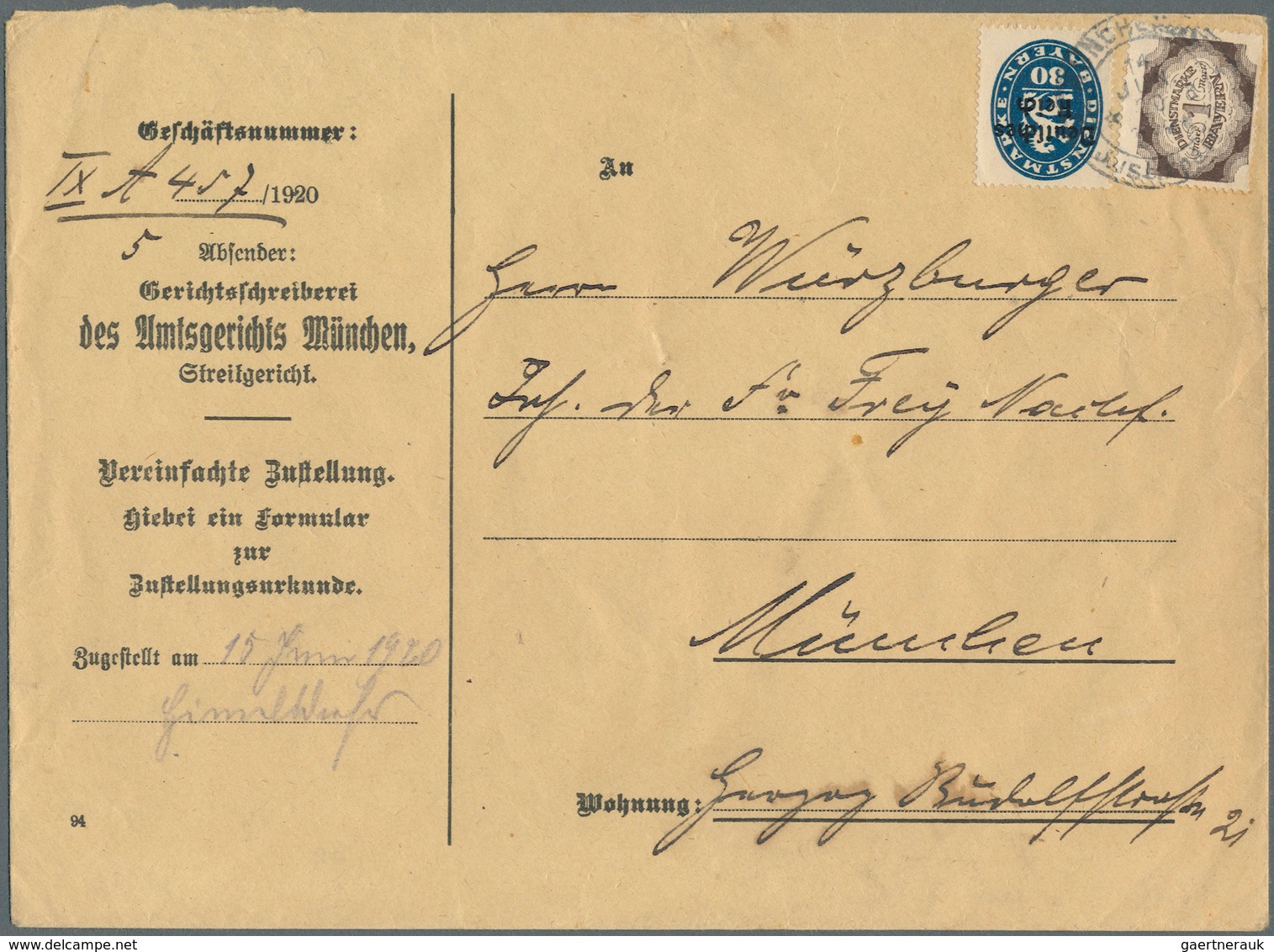 Bayern - Dienstmarken: 1920, 1 Mark Dienst Abschied Mit 30 Pf. Dienst Überdruck DR Auf Portor. Orts- - Autres & Non Classés