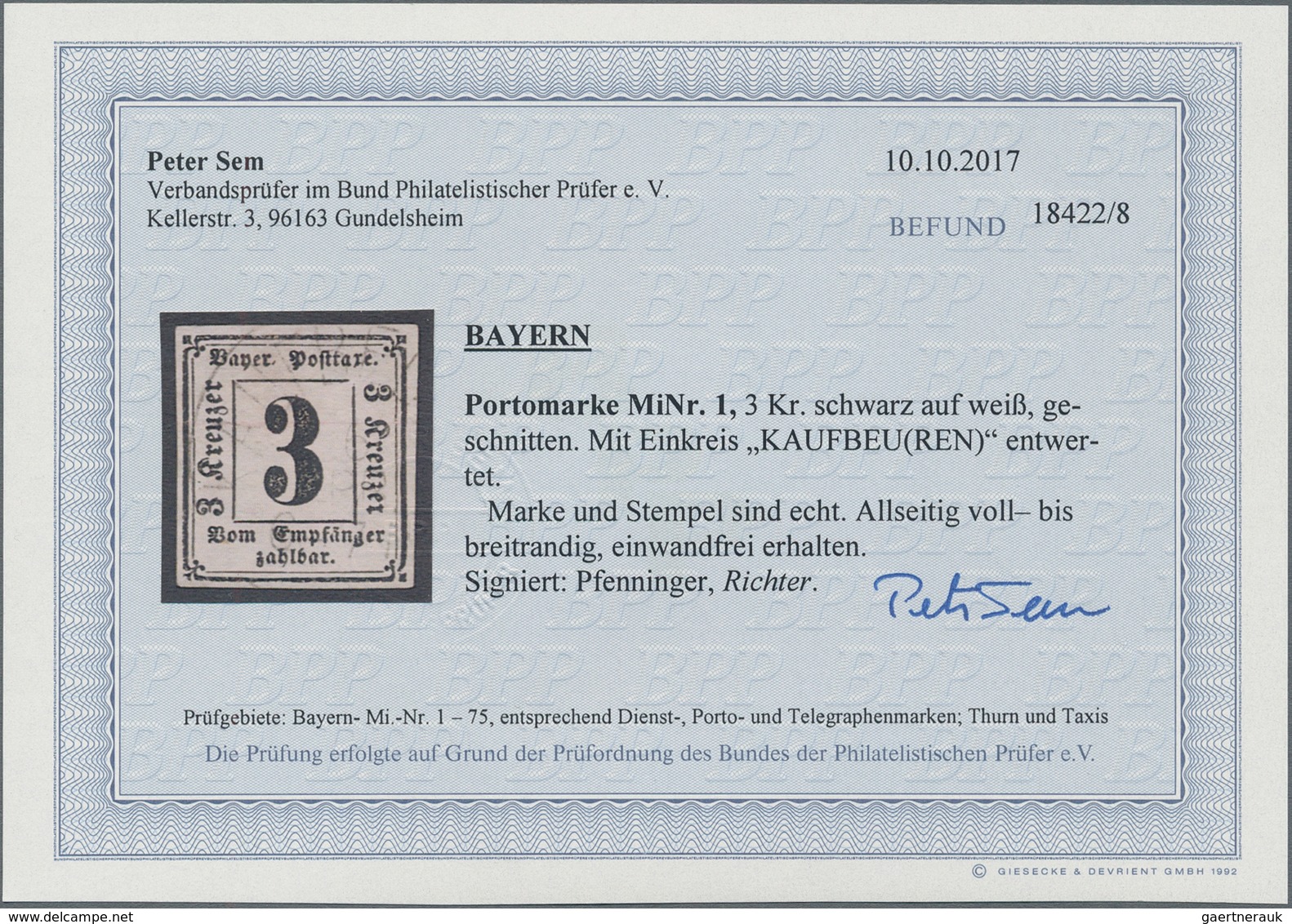 Bayern - Portomarken: 1862, Portomarke 3 Kr Schwarz, Breitrandiges Luxus-Exemplar Mit Zart Aufgesetz - Autres & Non Classés