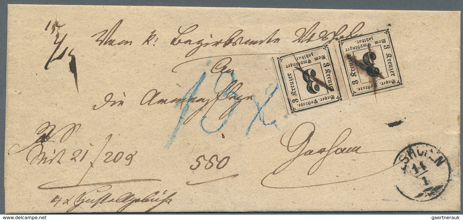 Bayern - Portomarken: 1862, 3 Kr. Schwarz, 2 Einzelwerte Mit Tintenkreuz-Entwertung Auf Faltbriefhül - Autres & Non Classés