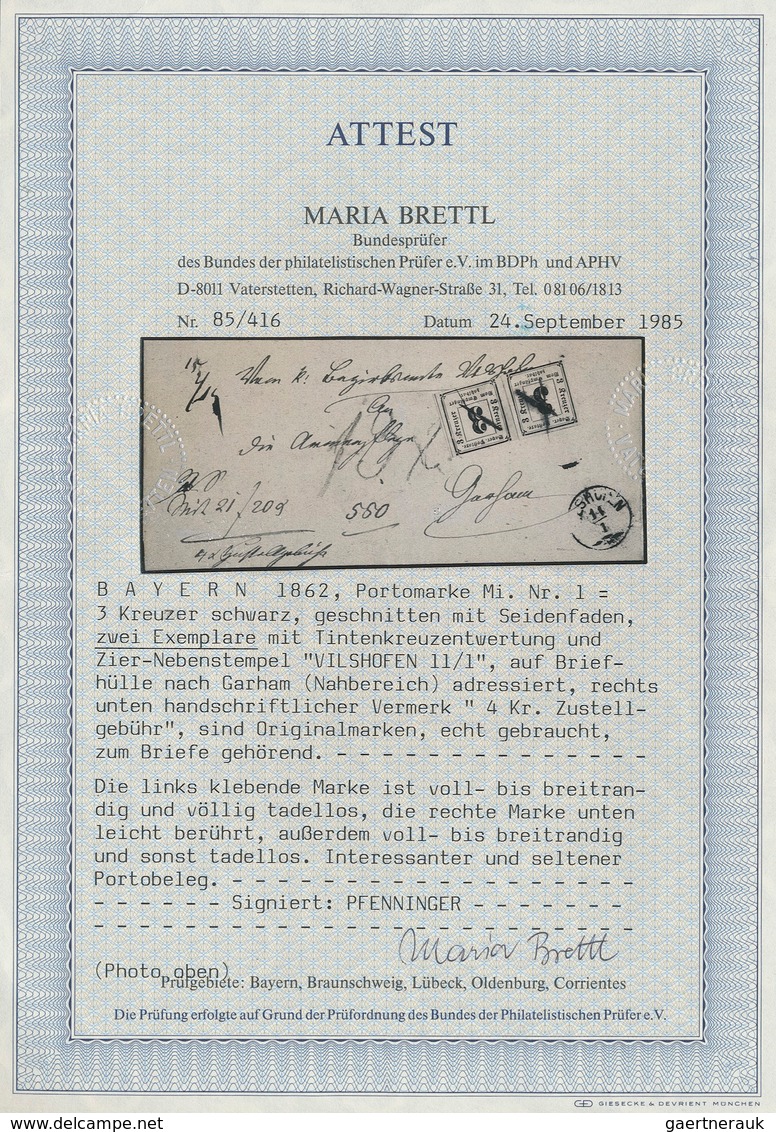 Bayern - Portomarken: 1862, 3 Kr. Schwarz, 2 Einzelwerte Mit Tintenkreuz-Entwertung Auf Faltbriefhül - Autres & Non Classés