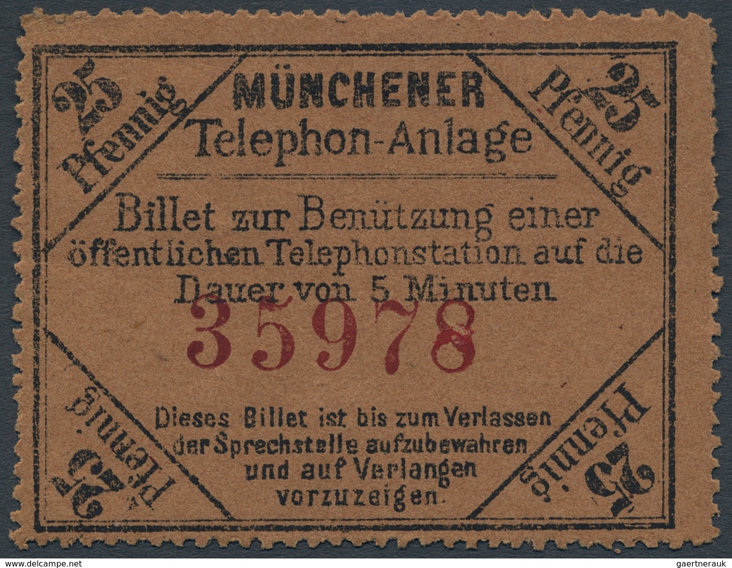 Bayern - Telefon-Billets: 1883, 25 Pfg. Telephonbillet Schwarz Auf Braun Vierseitig Gezähnt Und Füns - Altri & Non Classificati