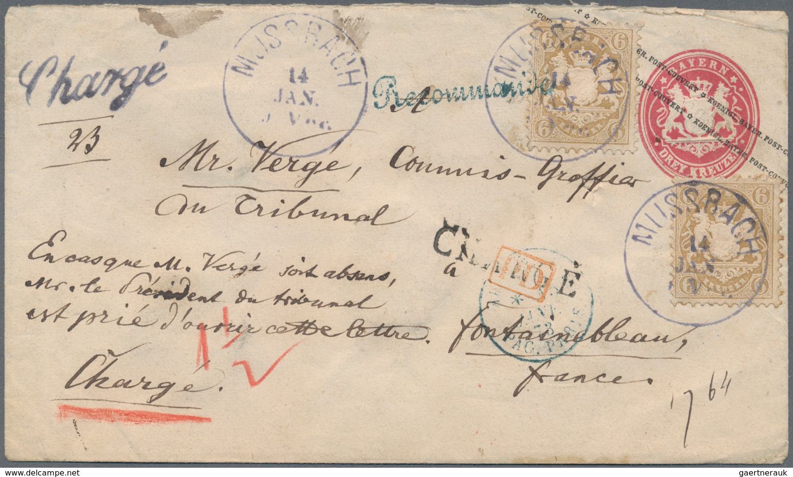 Bayern - Ganzsachen: 1870, GA-Umschlag 3 Kr. Rosa, Klappenstempel 18mm Mit Zusatzfrankatur 2x 6 Kr. - Sonstige & Ohne Zuordnung