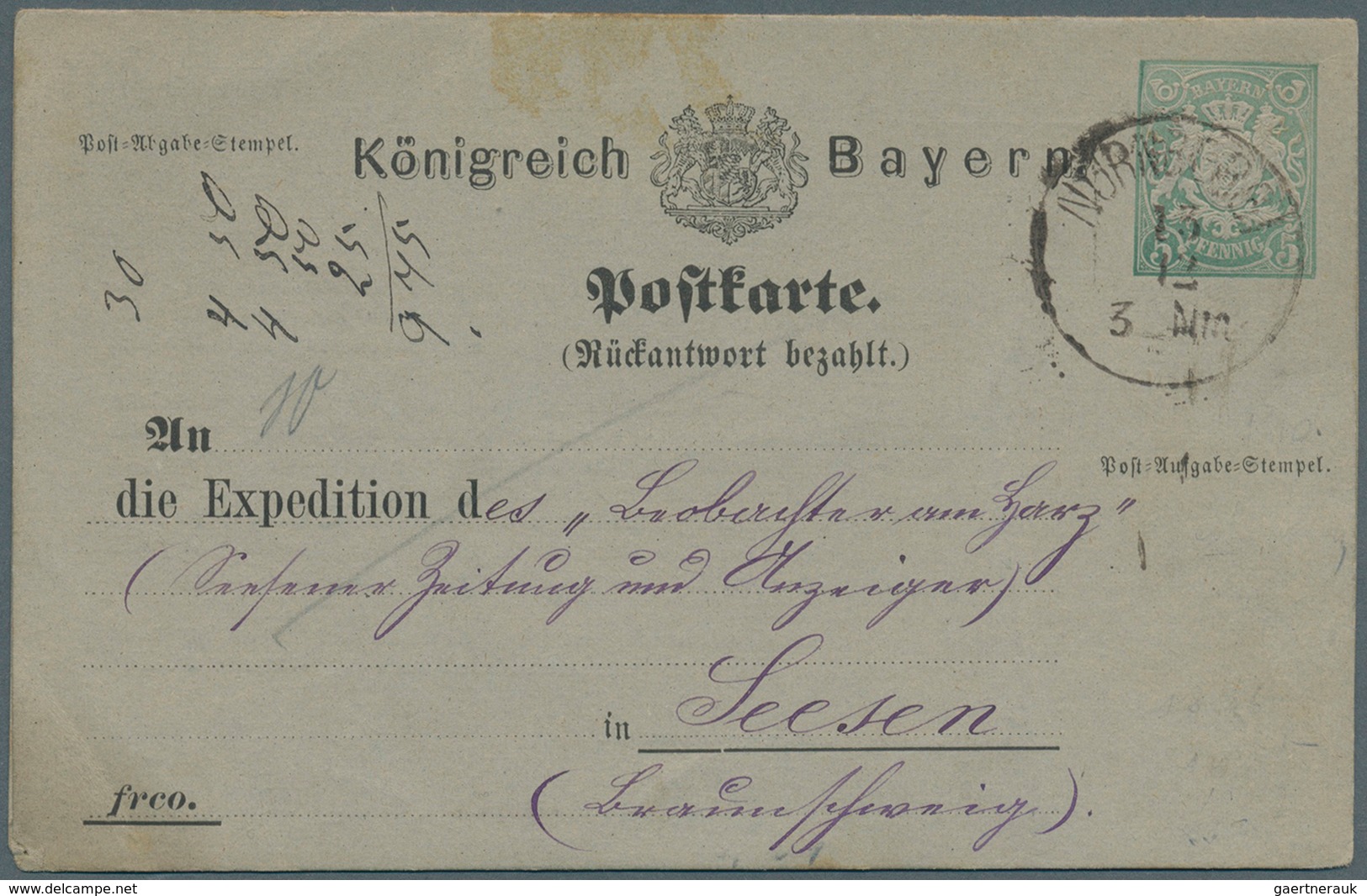 Bayern - Ganzsachen: 1876, Doppelkarte 5+5 Pf Dunkelgrün Wappen, Antwortteil Mit Abart "N" Statt "R" - Sonstige & Ohne Zuordnung