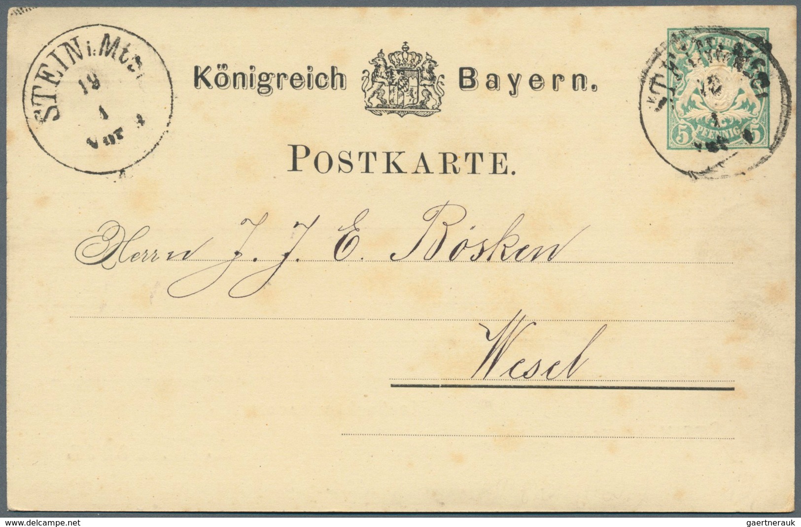 Bayern - Ganzsachen: 1877, Privat-Postkarte 5 Pf Grün Wappen (Posthörnchen) "Stein Bei Nürnberg, A. - Andere & Zonder Classificatie