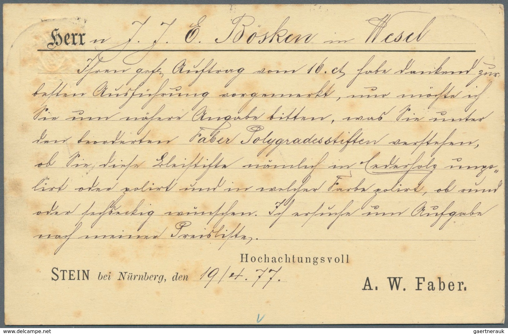 Bayern - Ganzsachen: 1877, Privat-Postkarte 5 Pf Grün Wappen (Posthörnchen) "Stein Bei Nürnberg, A. - Sonstige & Ohne Zuordnung