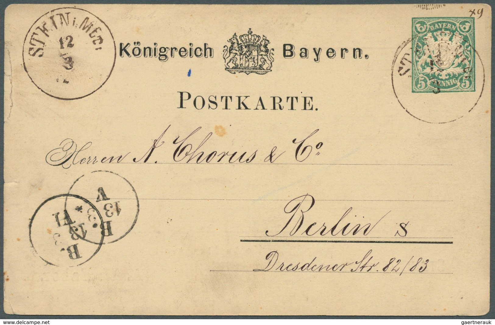 Bayern - Ganzsachen: 1877, Privat-Postkarte 5 Pf Grün Wappen (Posthörnchen) "Stein Bei Nürnberg, A. - Andere & Zonder Classificatie