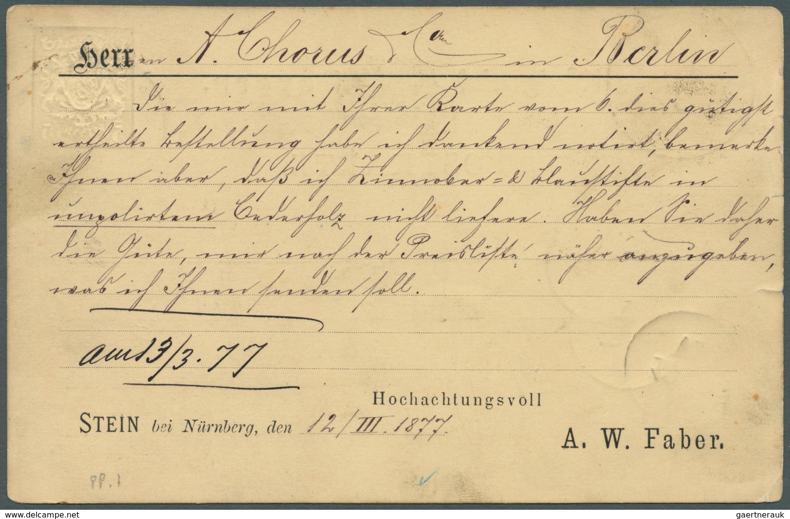 Bayern - Ganzsachen: 1877, Privat-Postkarte 5 Pf Grün Wappen (Posthörnchen) "Stein Bei Nürnberg, A. - Other & Unclassified