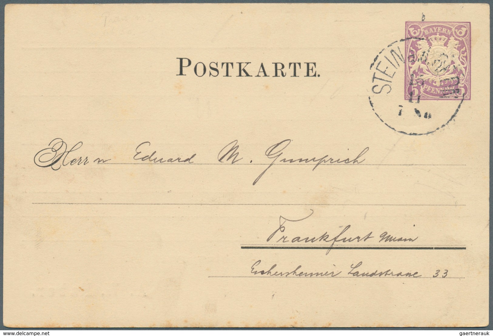 Bayern - Ganzsachen: 1882, Privat-Postkarte 5 Pf Lila Wappen (Posthörnchen) "Stein Bei Nürnberg, A. - Other & Unclassified