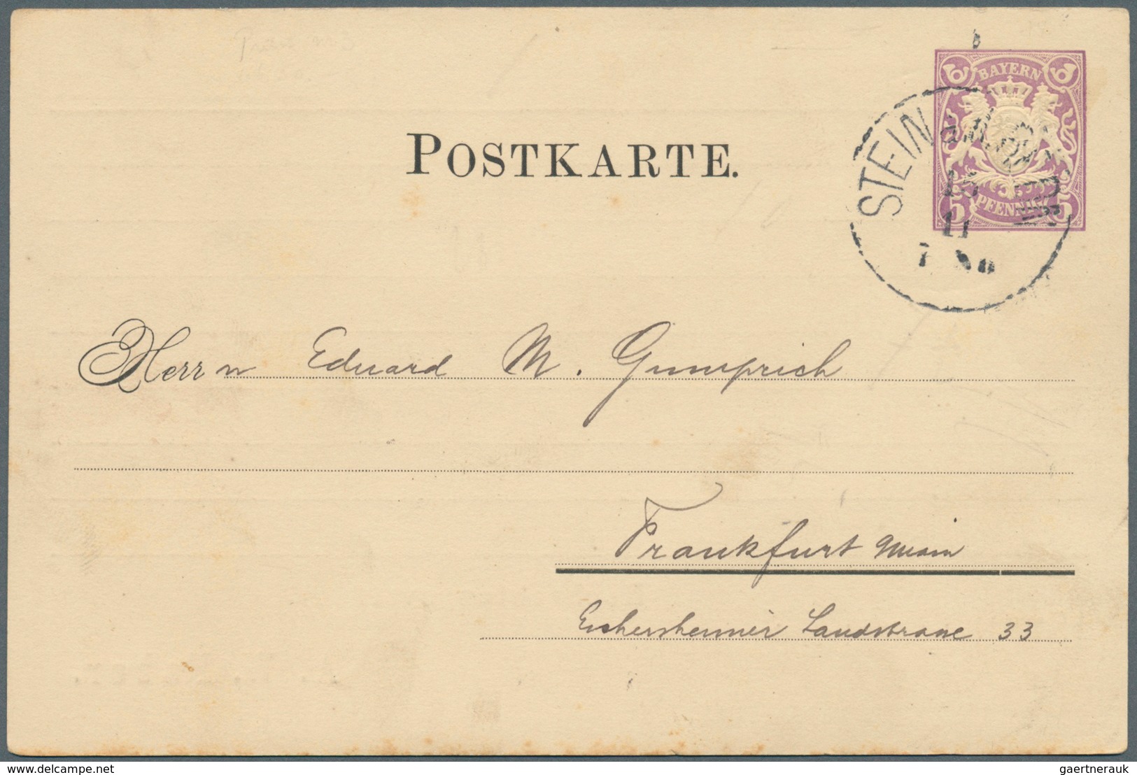 Bayern - Ganzsachen: 1882, Privat-Postkarte 5 Pf Lila Wappen (Posthörnchen) "Stein Bei Nürnberg, A. - Andere & Zonder Classificatie