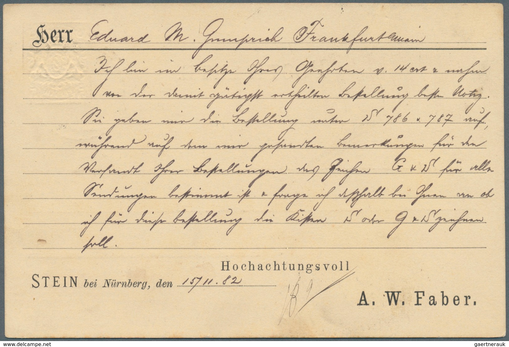 Bayern - Ganzsachen: 1882, Privat-Postkarte 5 Pf Lila Wappen (Posthörnchen) "Stein Bei Nürnberg, A. - Altri & Non Classificati