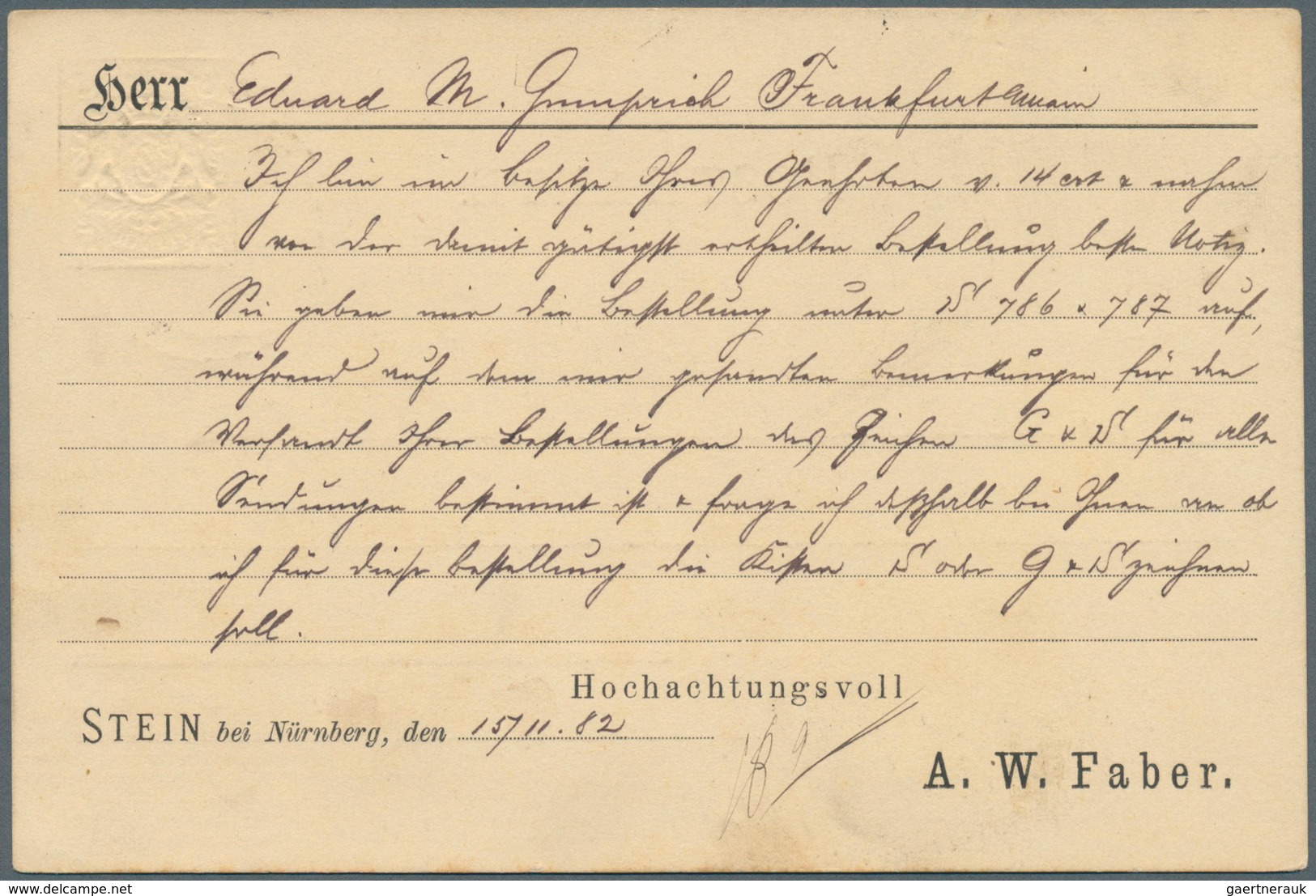 Bayern - Ganzsachen: 1882, Privat-Postkarte 5 Pf Lila Wappen (Posthörnchen) "Stein Bei Nürnberg, A. - Sonstige & Ohne Zuordnung