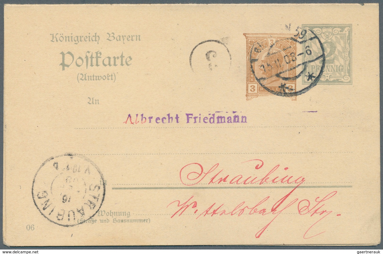Bayern - Ganzsachen: 1907, Doppelkarte 2+2 Pf Rauten, DV 06, Mit 3 Pf Zfr. Von "Straubung 29.9.07" N - Other & Unclassified