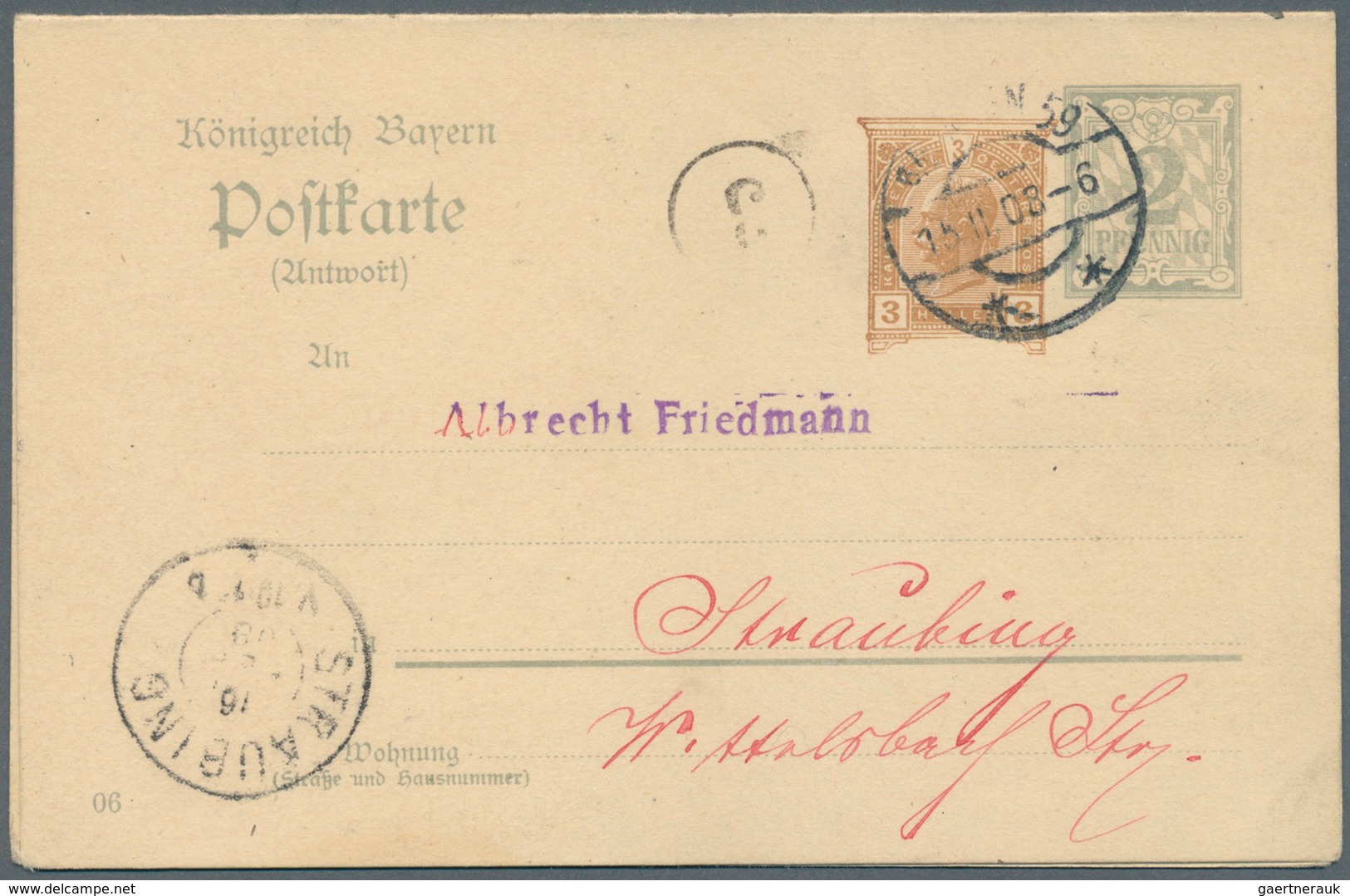 Bayern - Ganzsachen: 1907, Doppelkarte 2+2 Pf Rauten, DV 06, Mit 3 Pf Zfr. Von "Straubung 29.9.07" N - Sonstige & Ohne Zuordnung